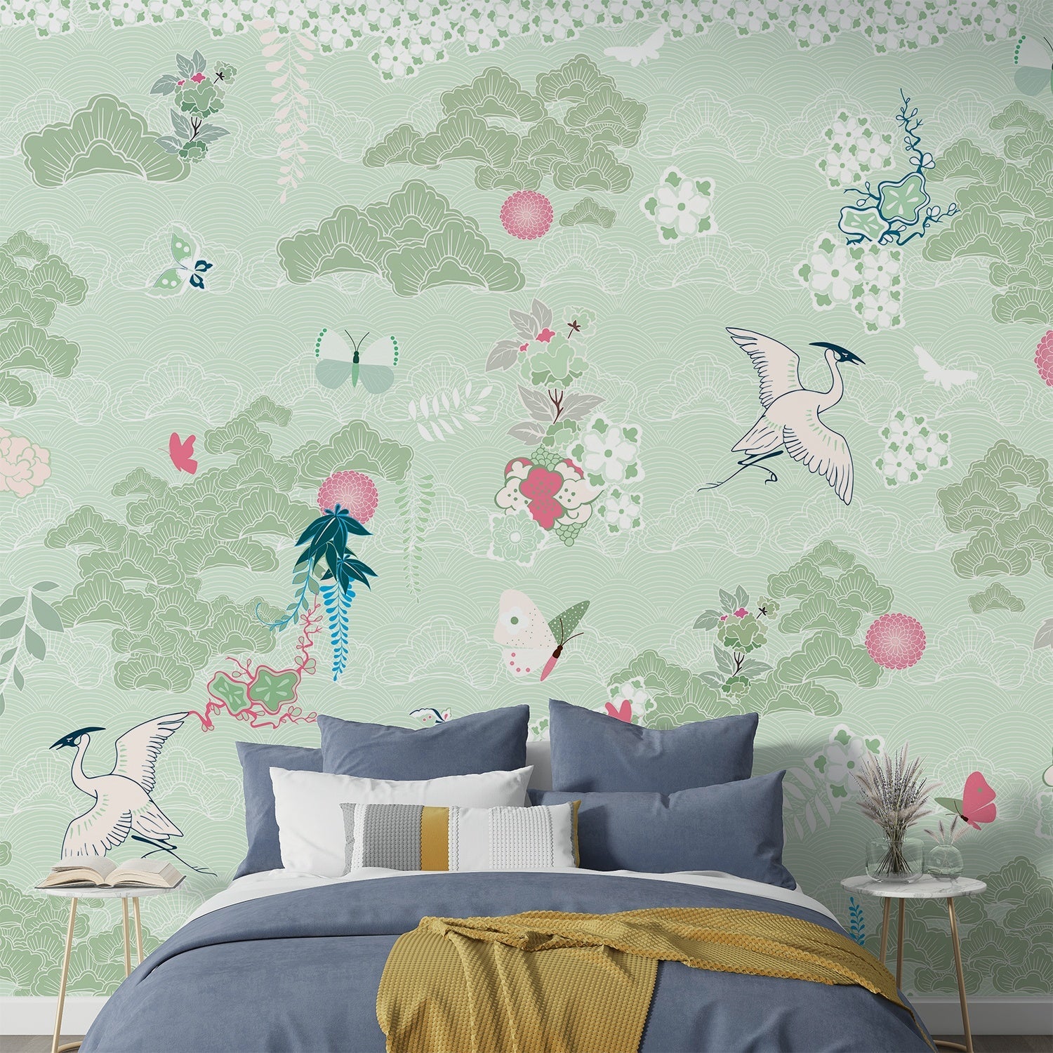 Dreamy blue chinoiserie mural with flying cranes, butterflies and delicate coral florals - view 15 - final