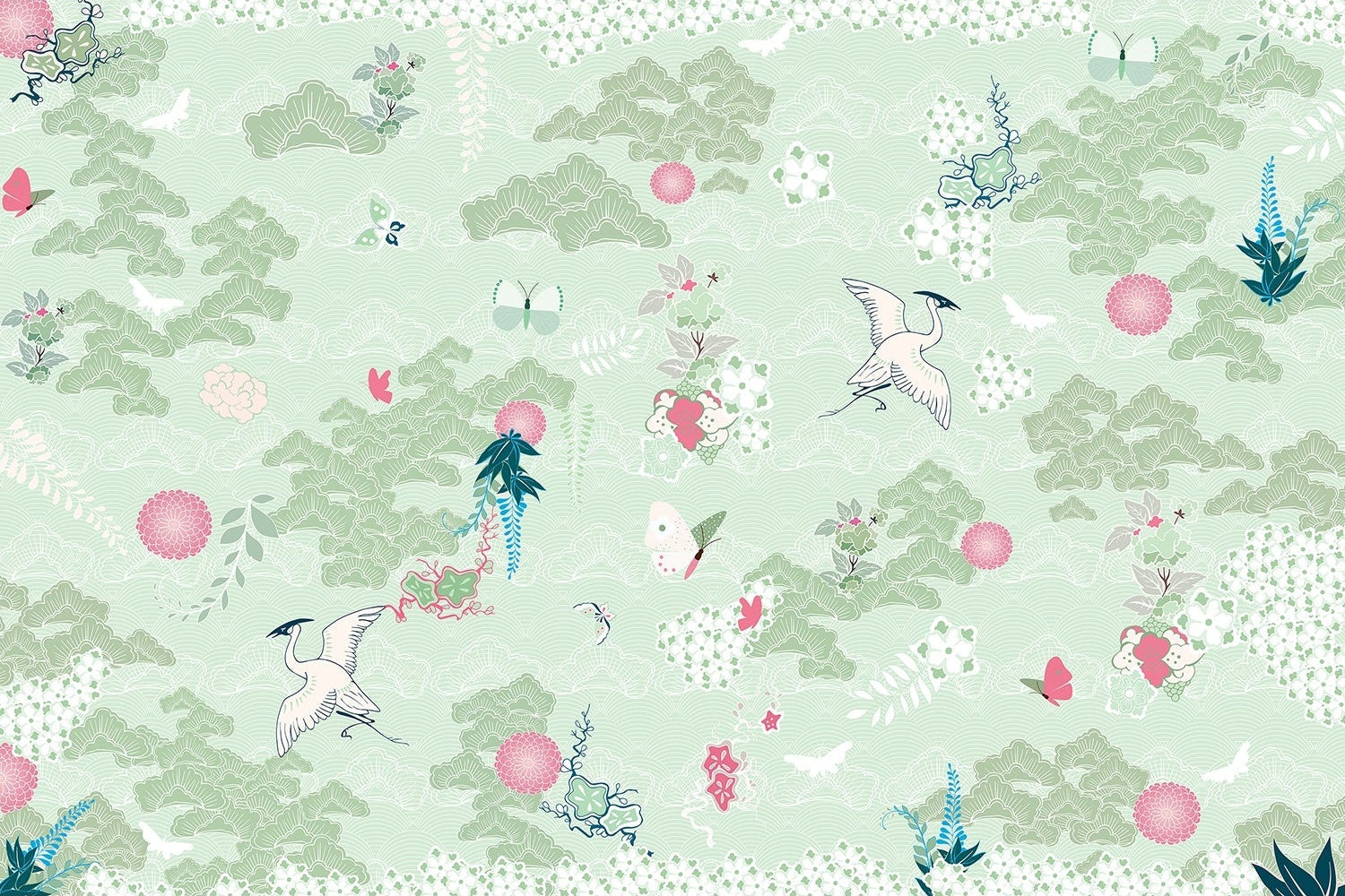 Ethereal clouds and herons scenic wallpaper in lea - "chinoiserie" wallpaper mural-inequal final