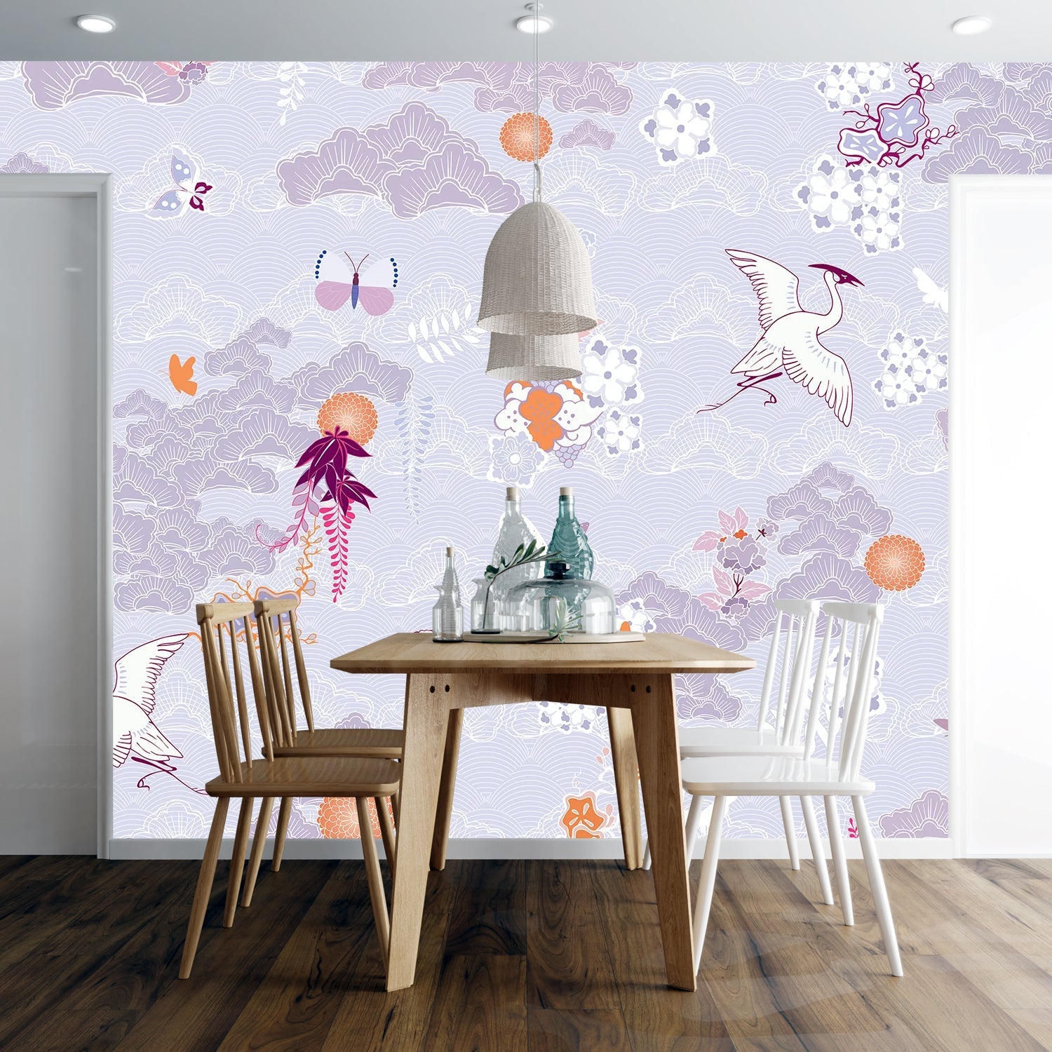 Dreamy blue chinoiserie mural with flying cranes, butterflies and delicate coral florals - view 18 - final