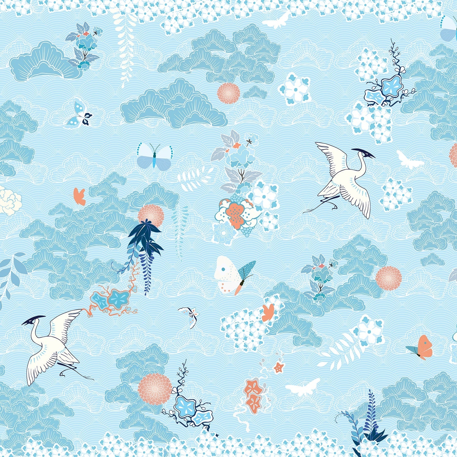 Dreamy blue chinoiserie mural with flying cranes, butterflies and delicate coral florals - view 2 - final