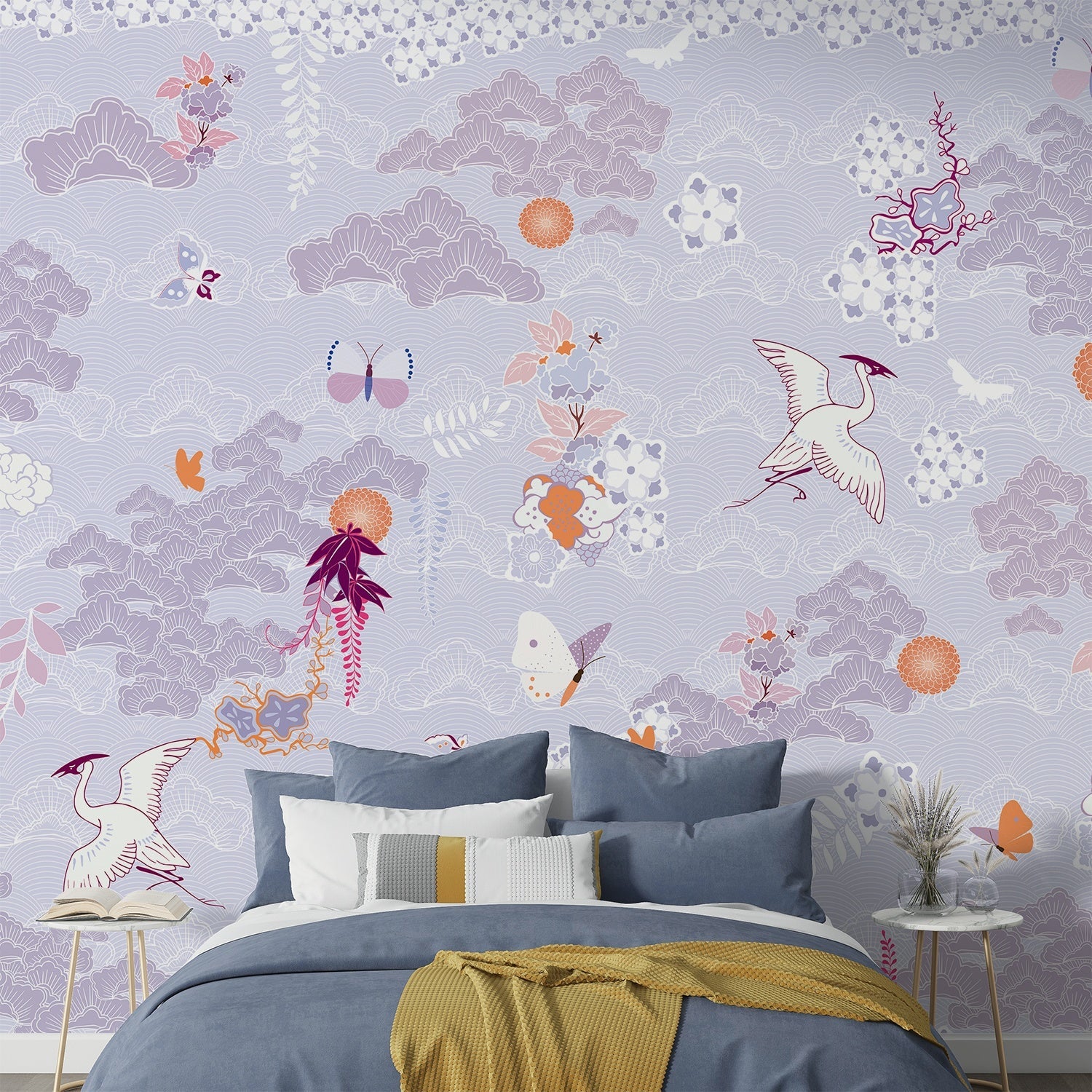Dreamy blue chinoiserie mural with flying cranes, butterflies and delicate coral florals - view 20 - final