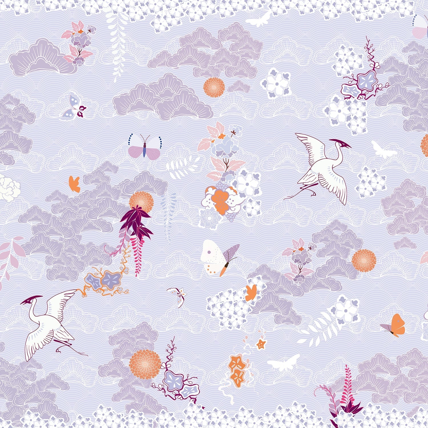 Dreamy blue chinoiserie mural with flying cranes, butterflies and delicate coral florals - view 21 - final