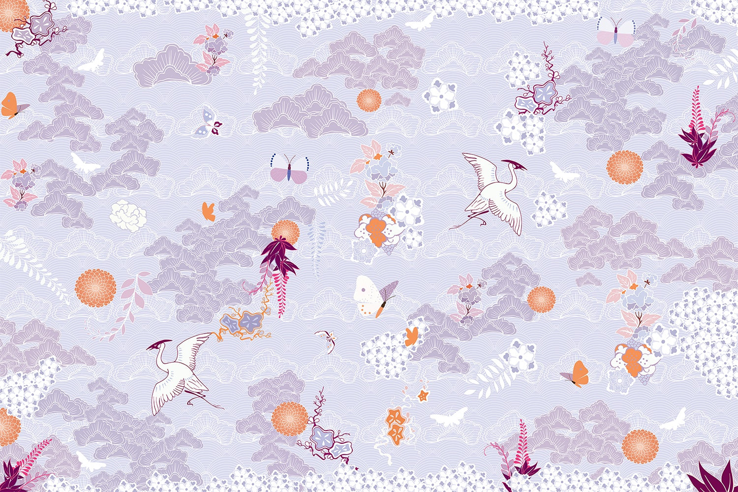 Ethereal clouds and herons scenic wallpaper in lea - "chinoiserie" wallpaper mural-inequal final