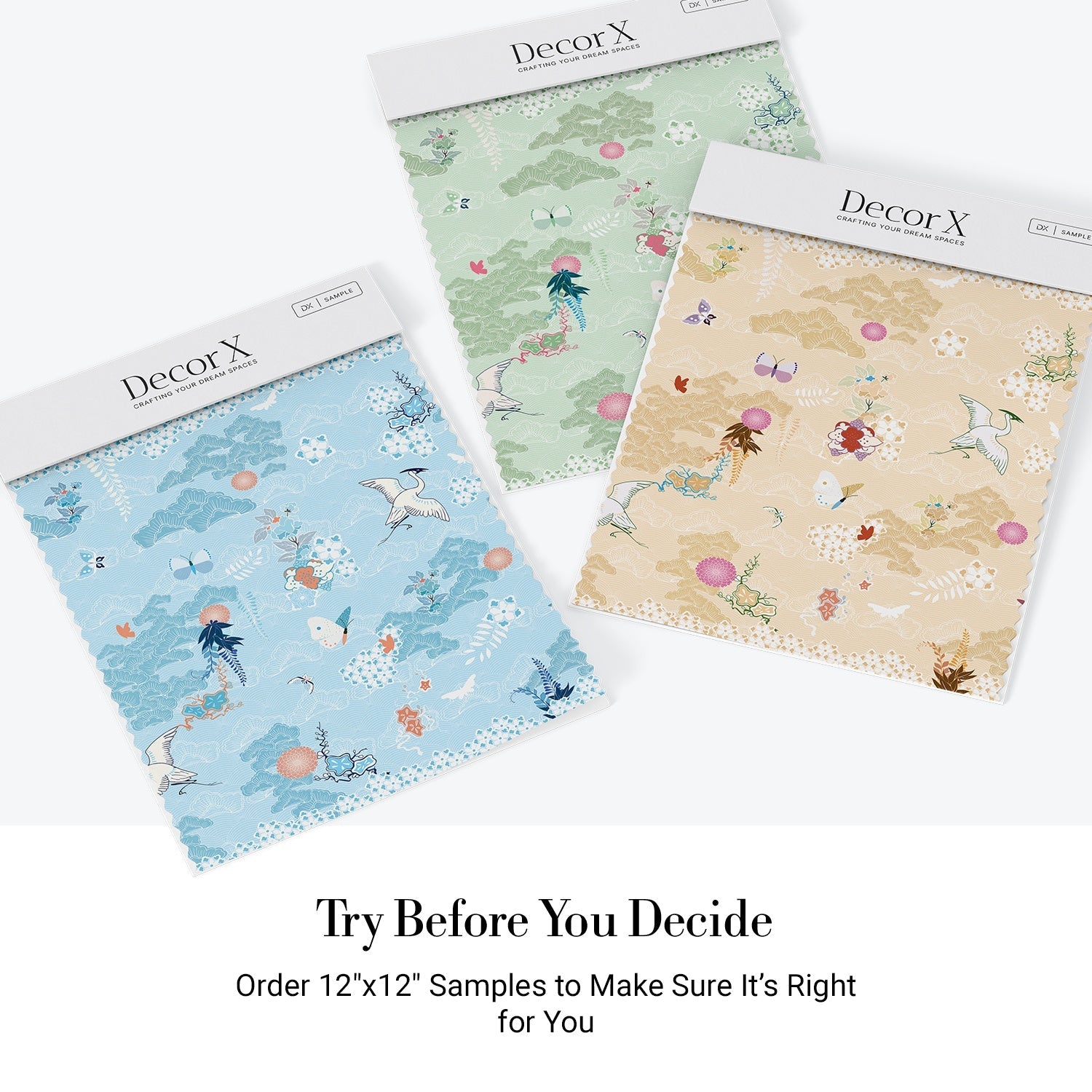 Dreamy blue chinoiserie mural with flying cranes, butterflies and delicate coral florals - view 24 - final all-groups samples