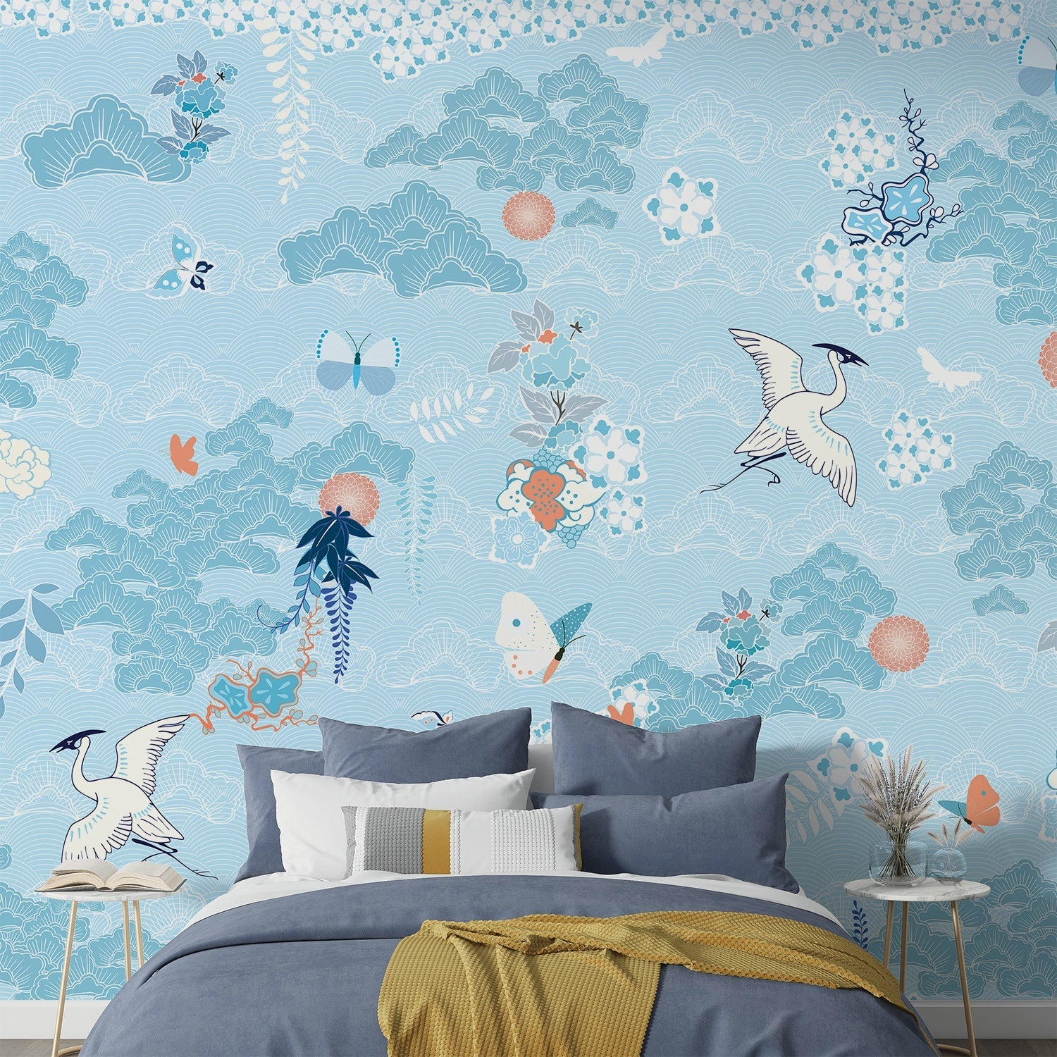 Dreamy blue chinoiserie mural with flying cranes, butterflies and delicate coral florals - view 3 - final bed-room