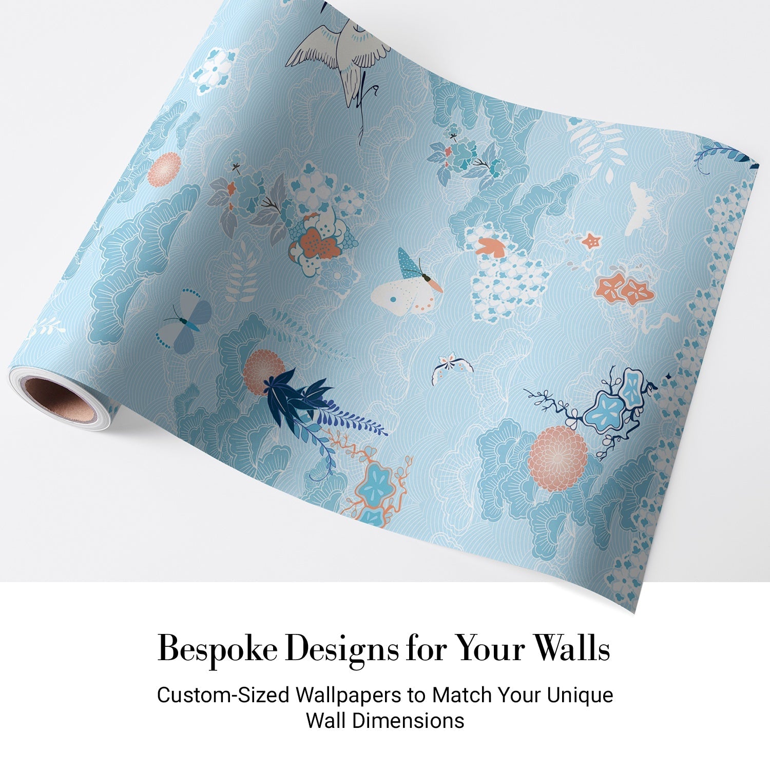 Dreamy blue chinoiserie mural with flying cranes, butterflies and delicate coral florals - view 5 - final