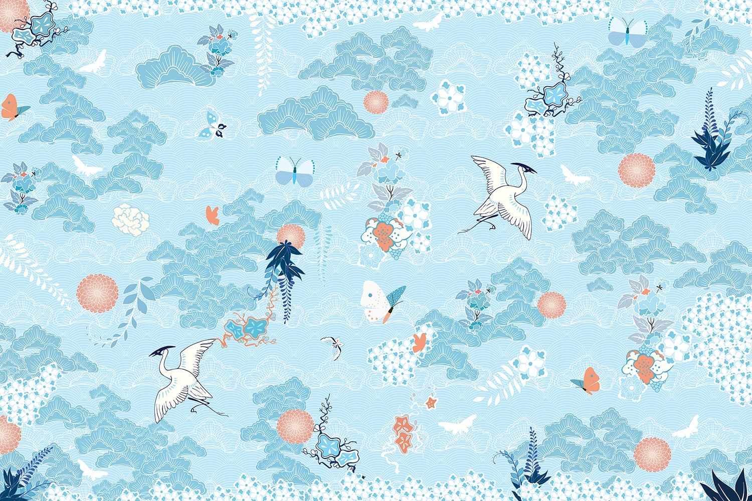 Ethereal clouds and herons scenic wallpaper in lea - "chinoiserie" wallpaper mural-inequal final