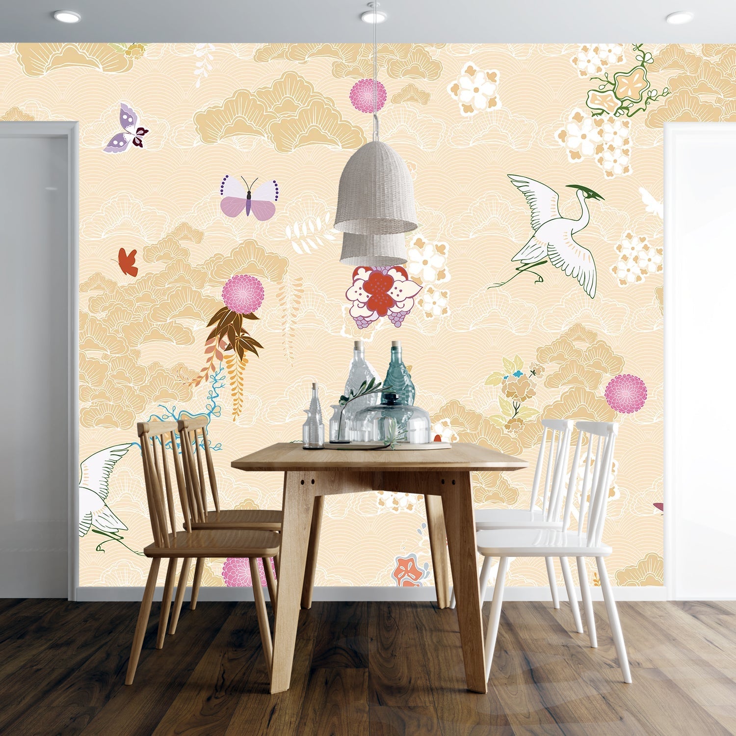 Dreamy blue chinoiserie mural with flying cranes, butterflies and delicate coral florals - view 8 - final