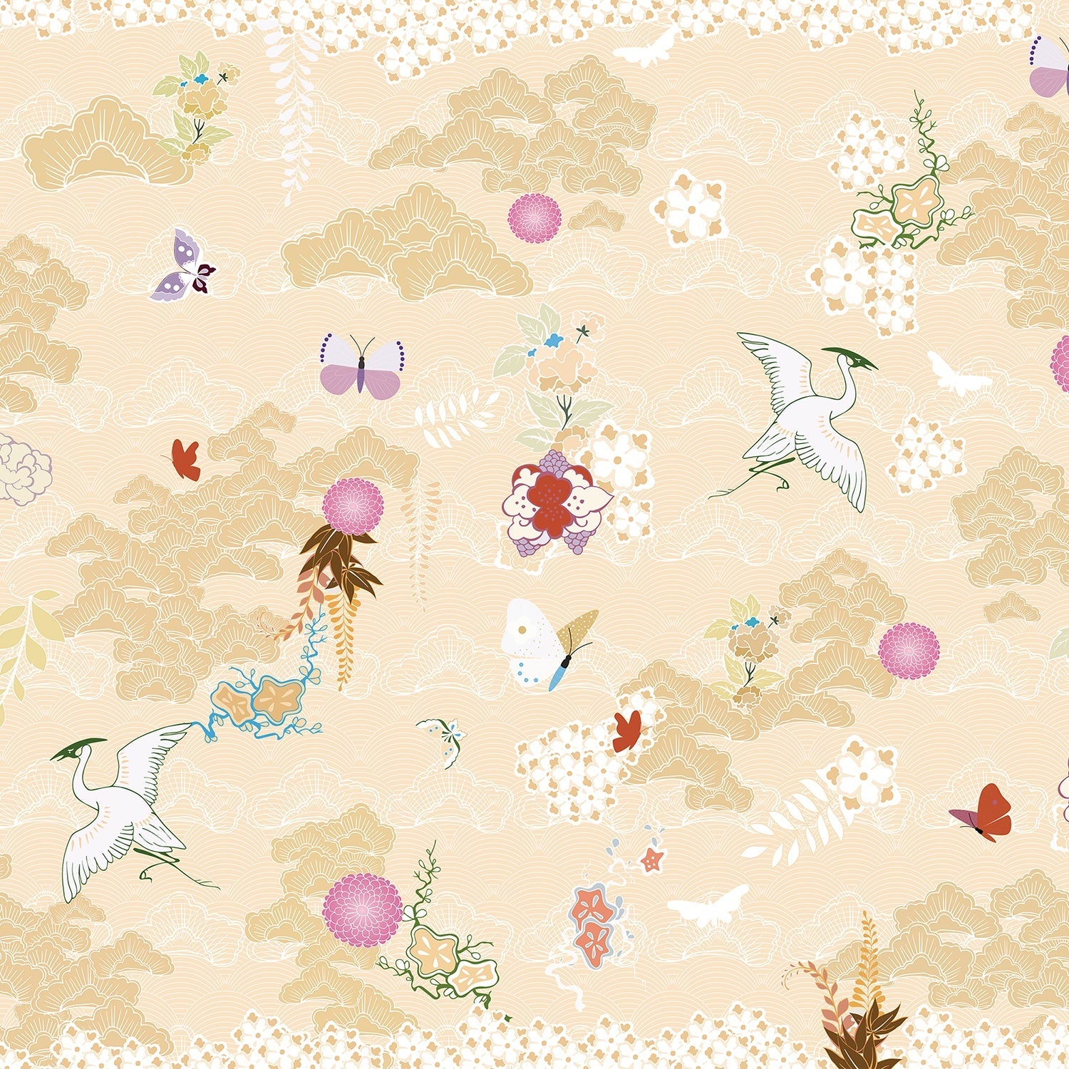Dreamy blue chinoiserie mural with flying cranes, butterflies and delicate coral florals - view 9 - final