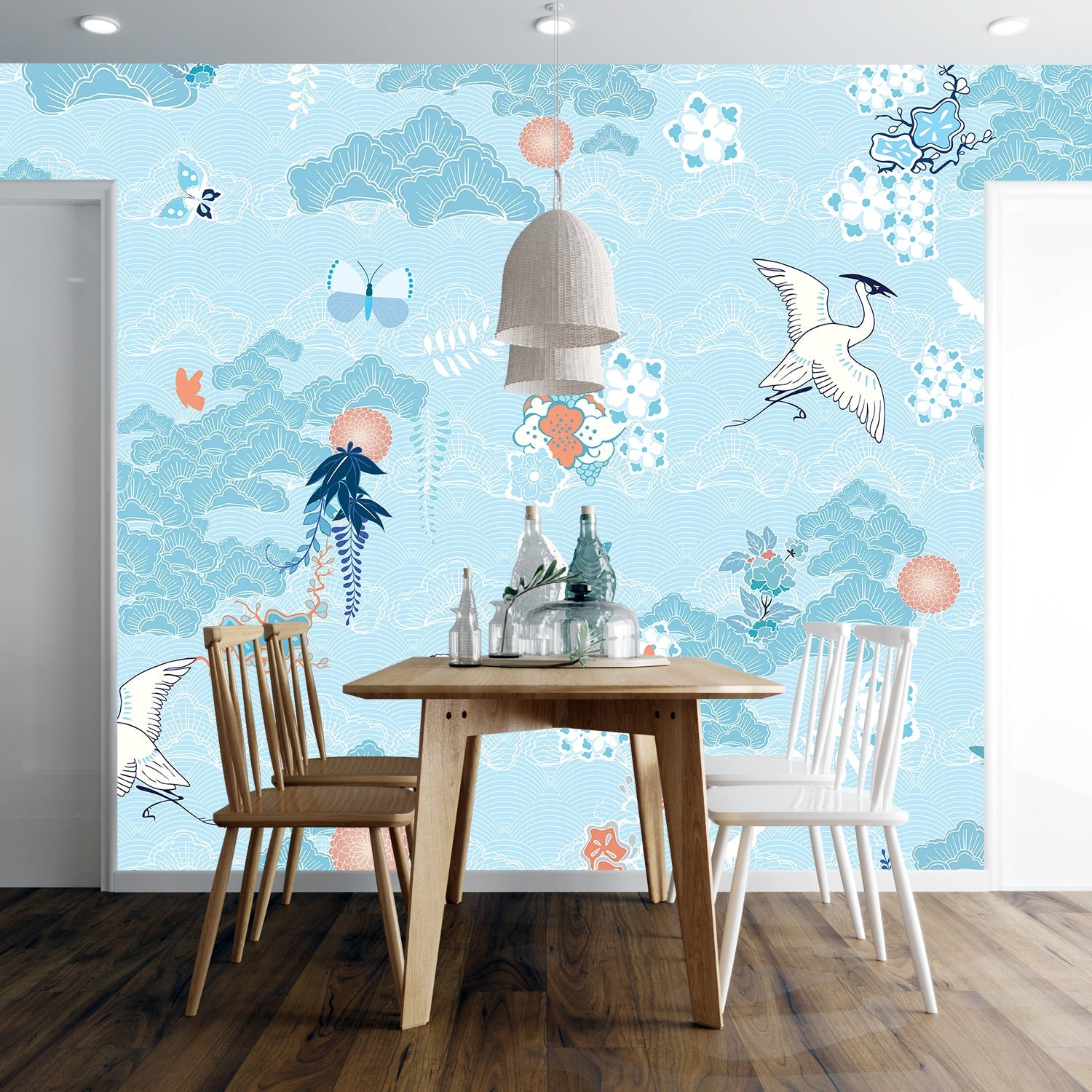 Dreamy blue chinoiserie mural with flying cranes, butterflies and delicate coral florals - final dining-room