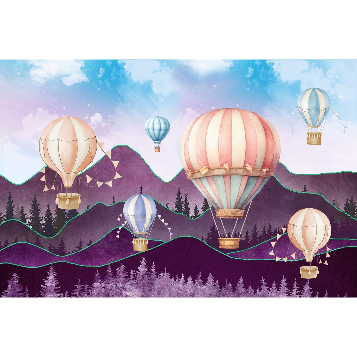 "Colorful lea hot air balloons kids wallpaper mural-equal final"