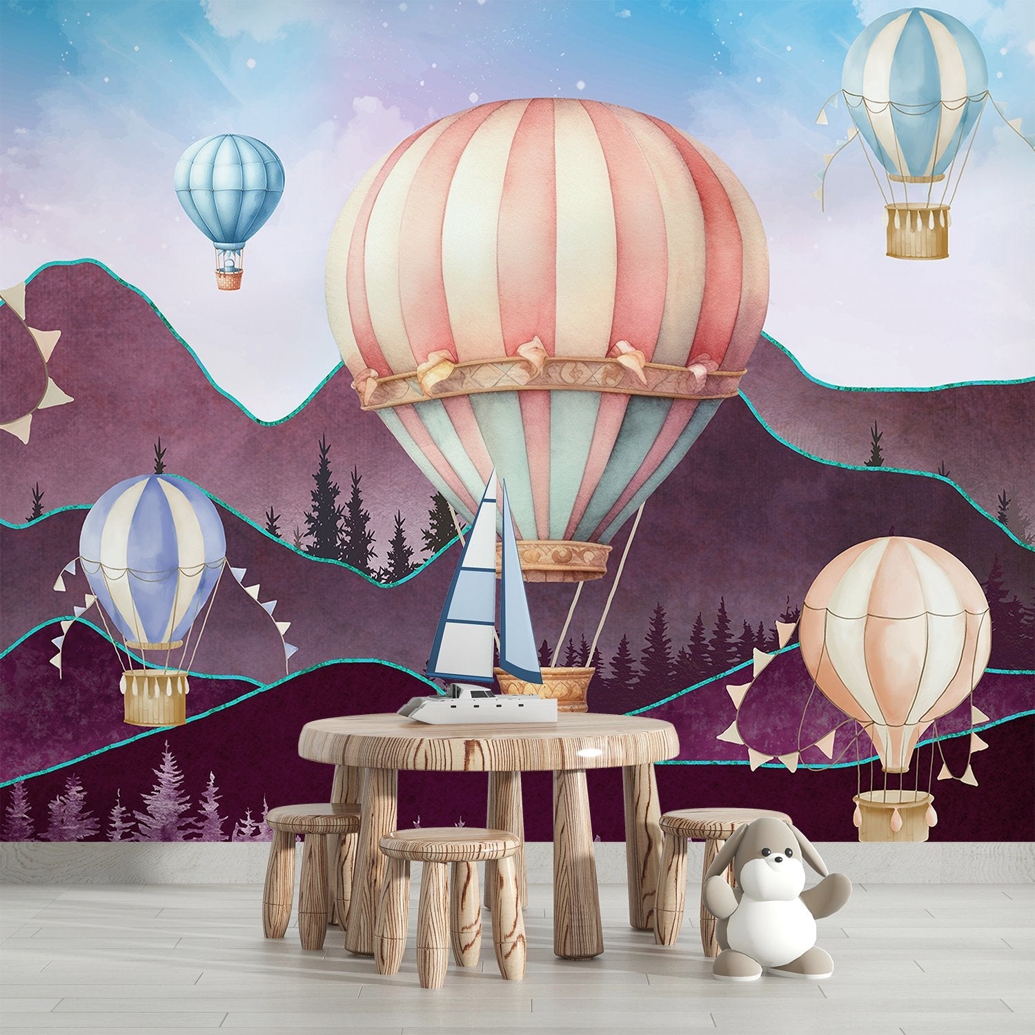 Dreamy hot air balloons float over purple mountains with pine trees in pastel colors - view 11 - final