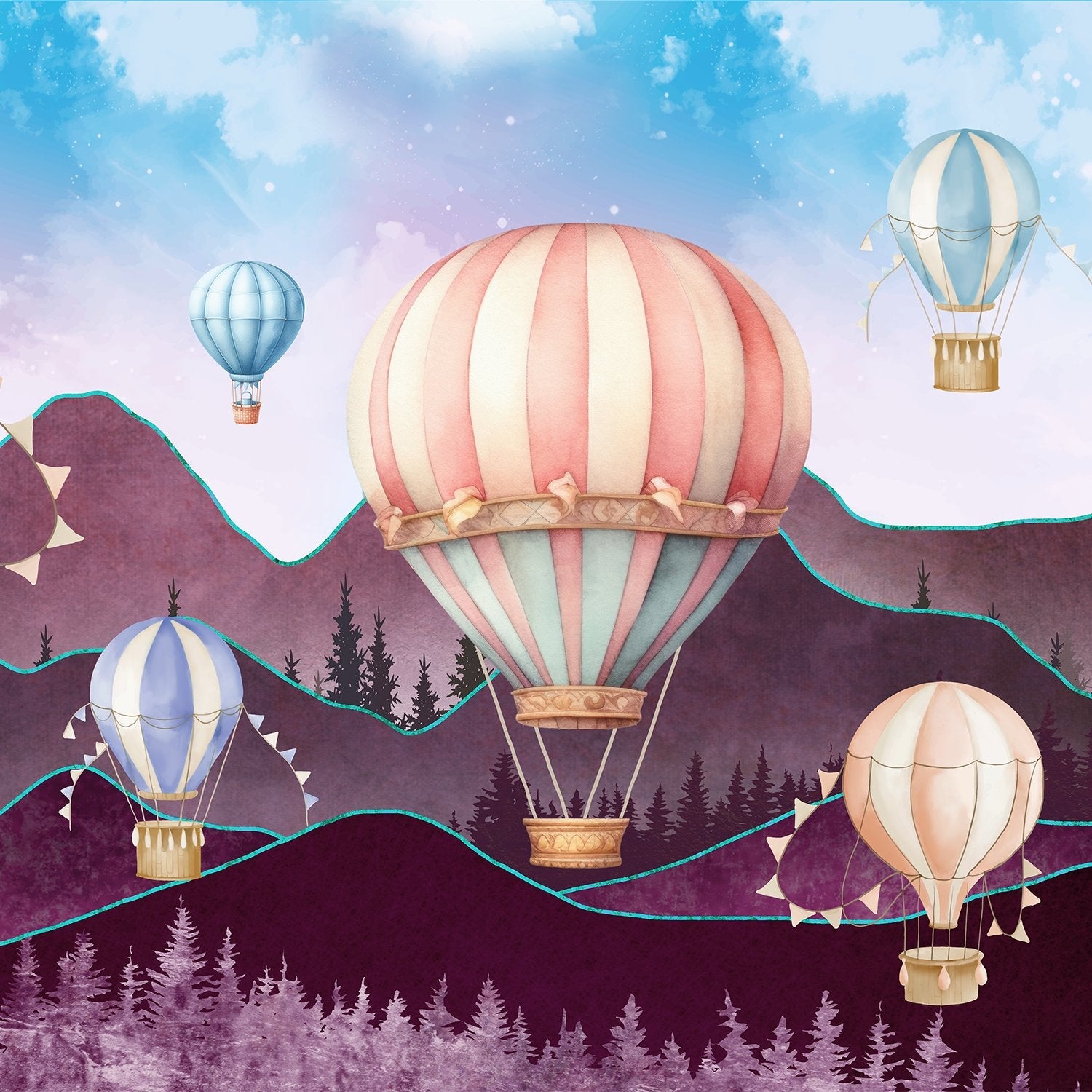 Dreamy hot air balloons float over purple mountains with pine trees in pastel colors - view 12 - final