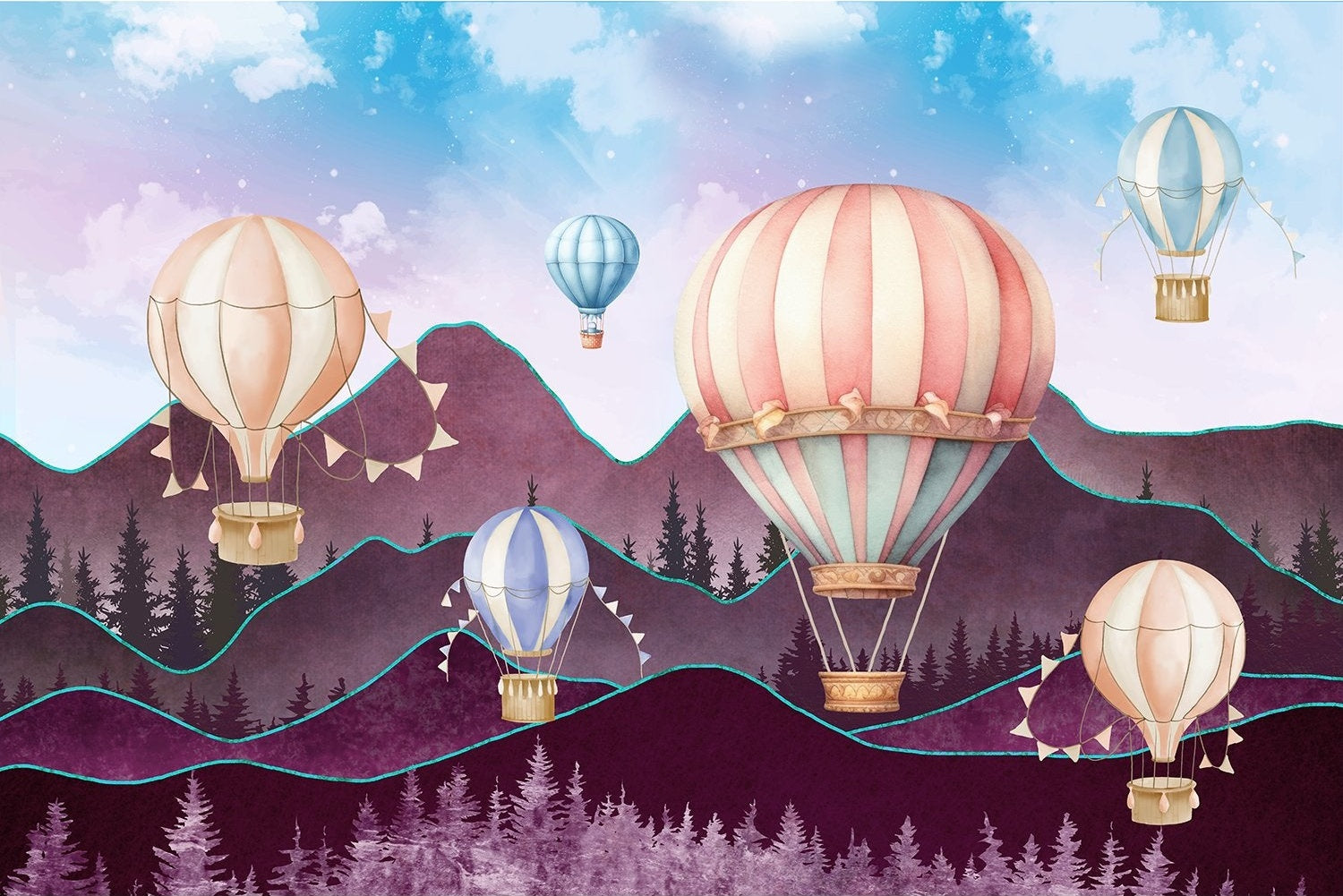 "Colorful lea hot air balloons kids wallpaper mural-inequal final"