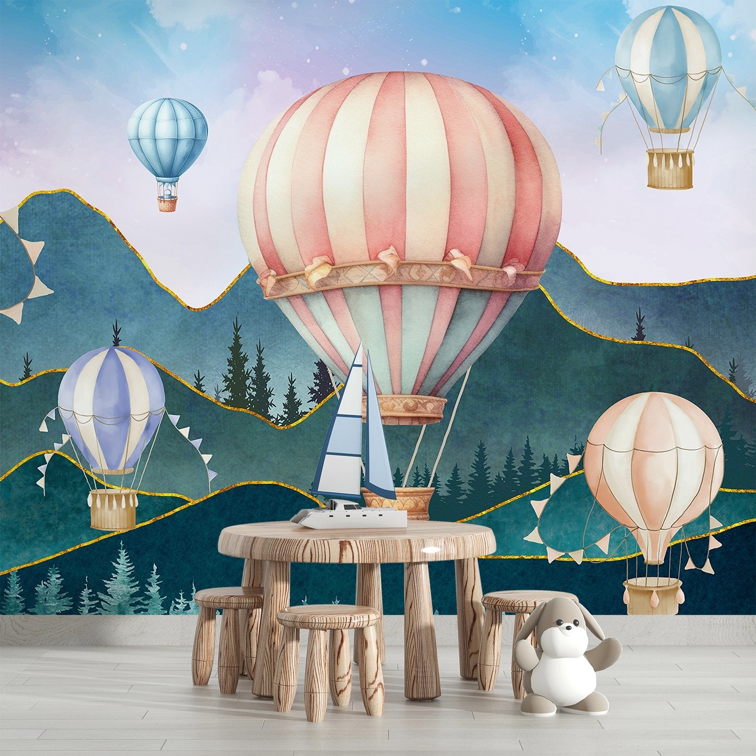 Dreamy hot air balloons float over purple mountains with pine trees in pastel colors - view 15 - final