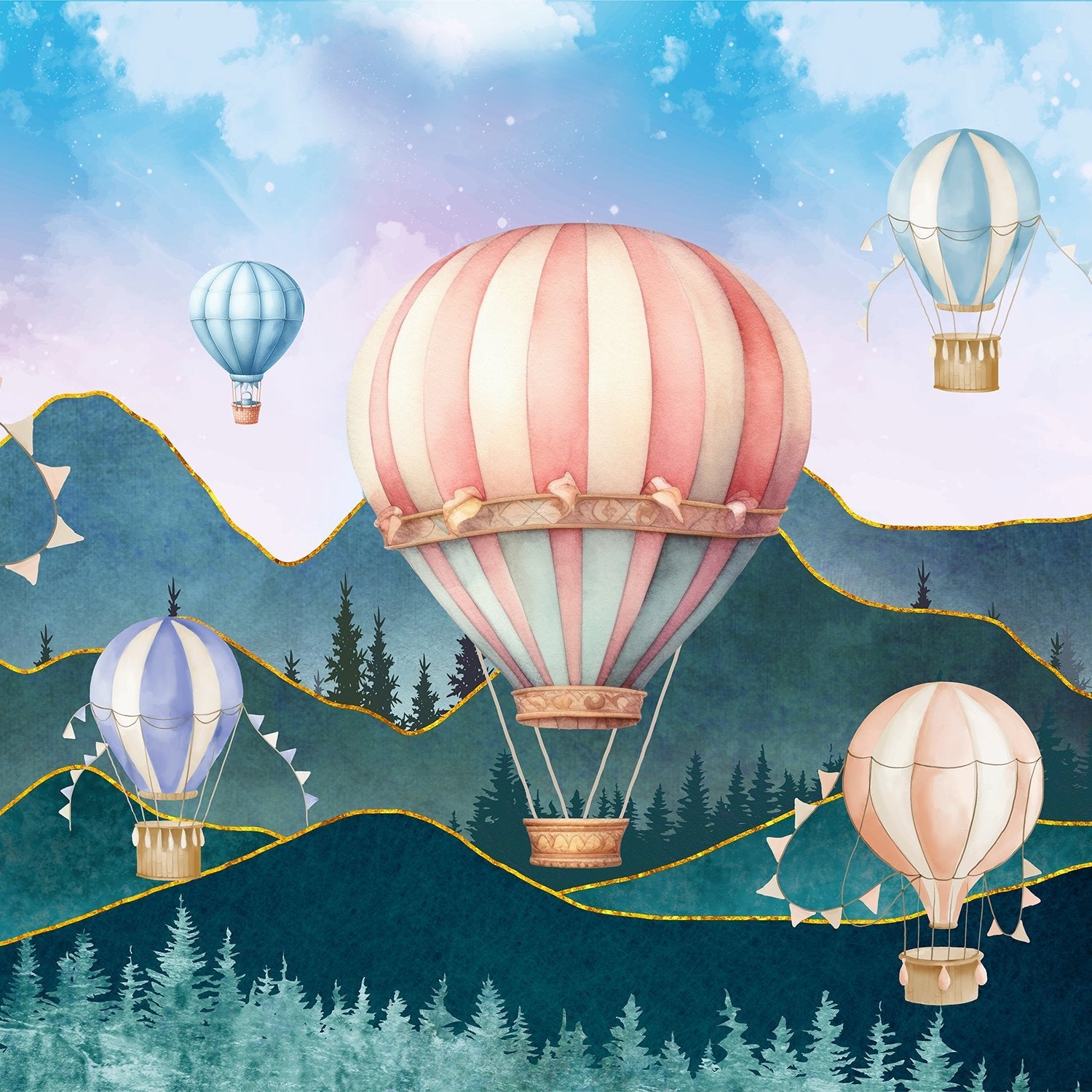 Dreamy hot air balloons float over purple mountains with pine trees in pastel colors - view 16 - final