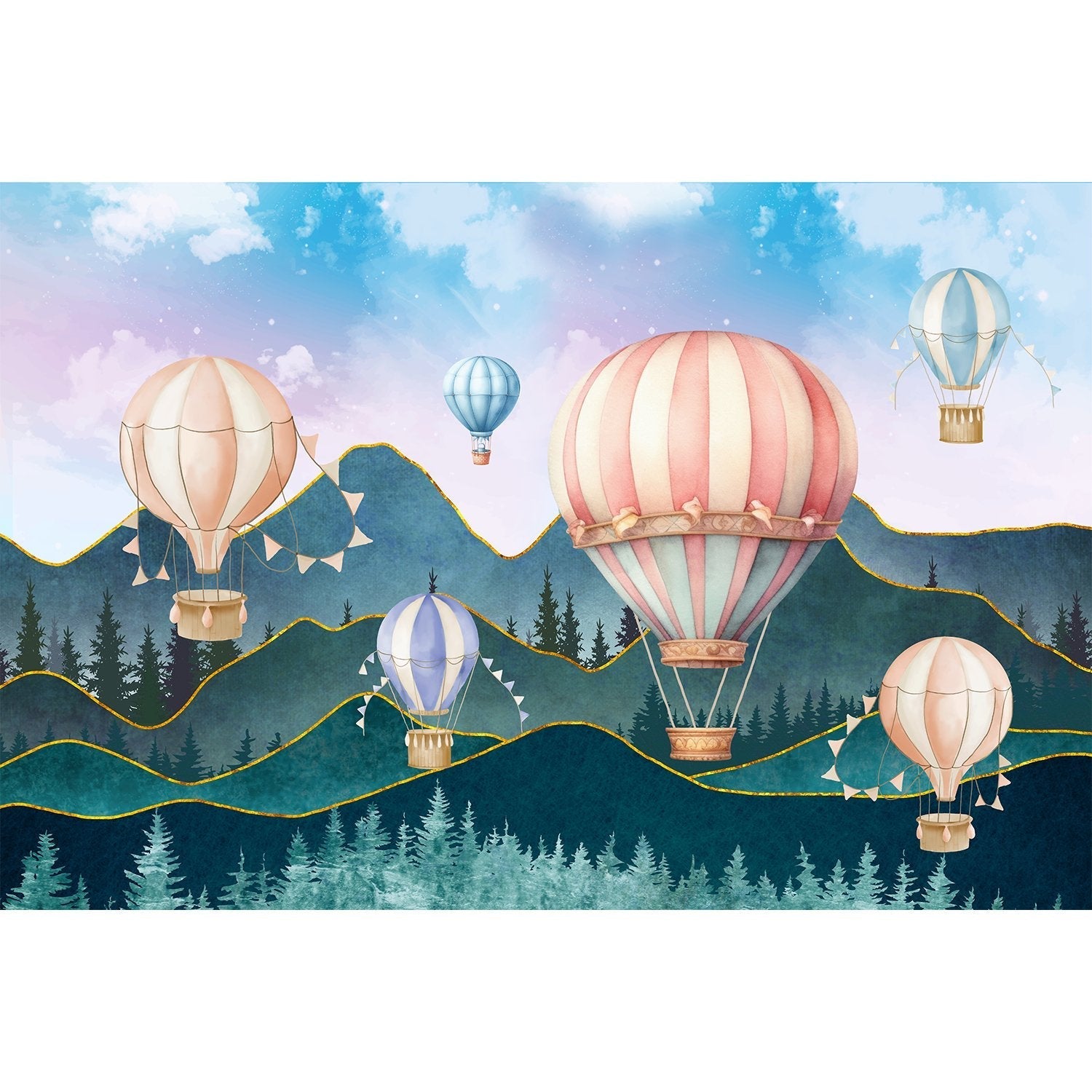 "Colorful lea hot air balloons kids wallpaper mural-equal final"