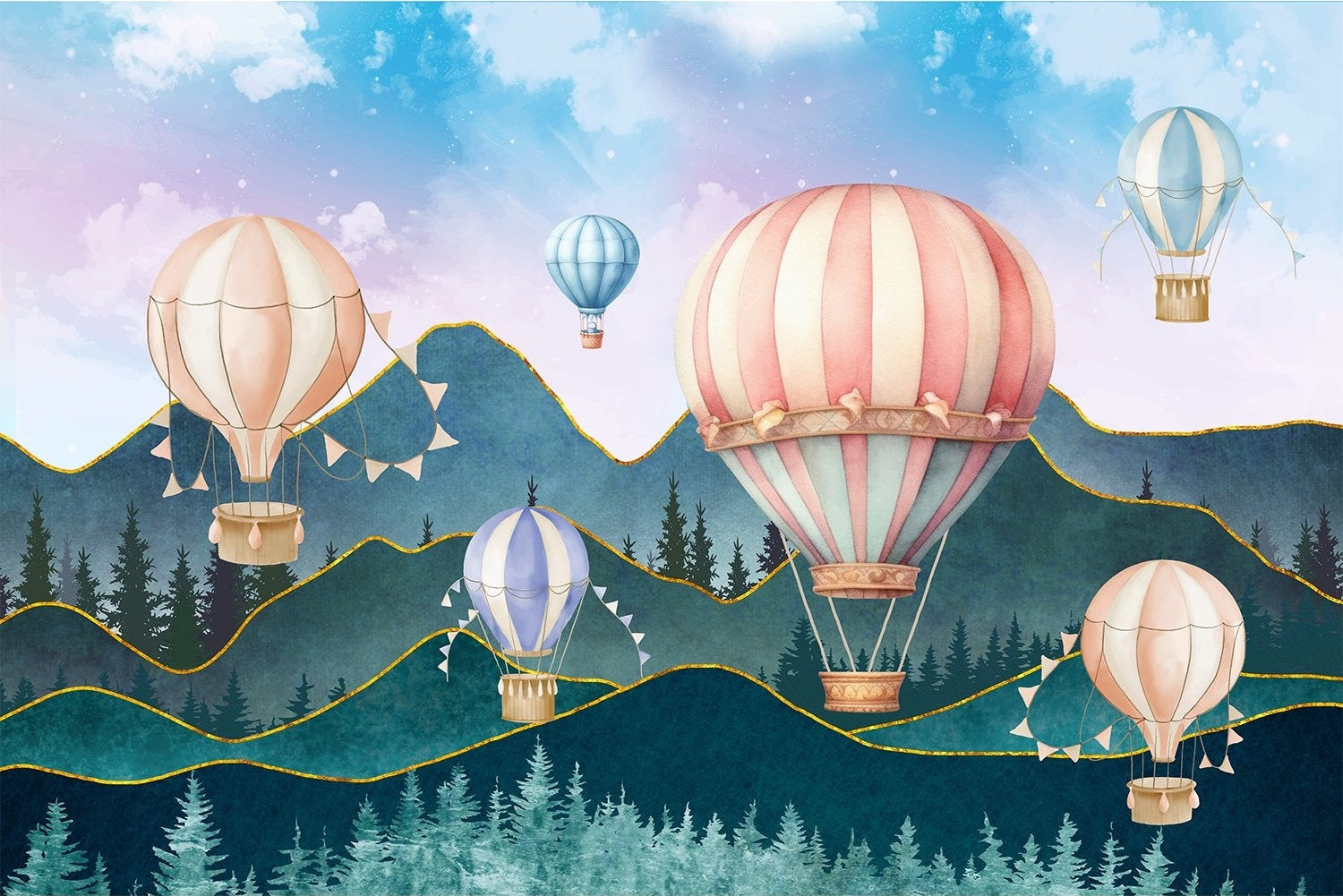 "Colorful lea hot air balloons kids wallpaper mural-inequal final"