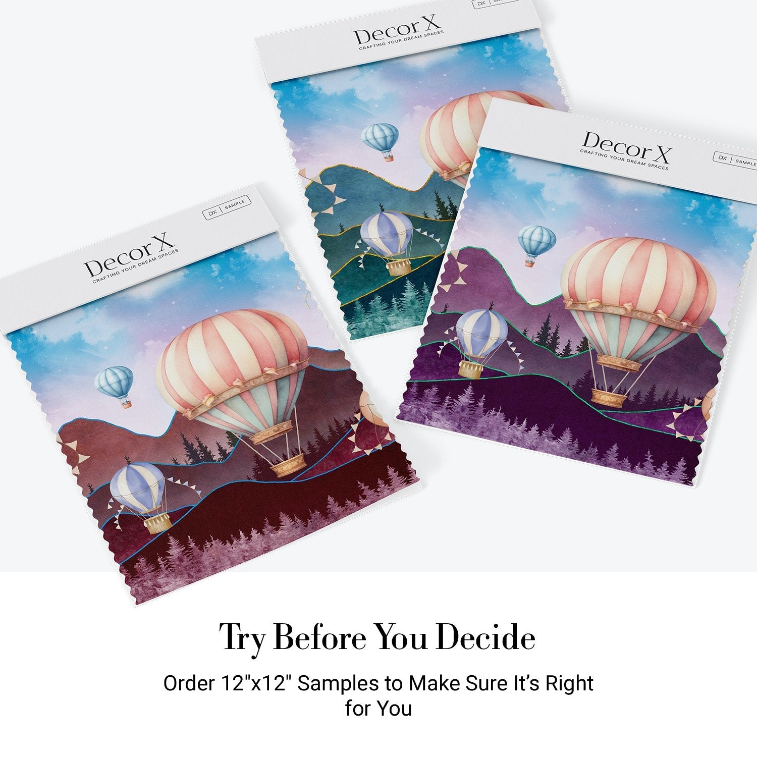 Dreamy hot air balloons float over purple mountains with pine trees in pastel colors - view 19 - final all-groups samples