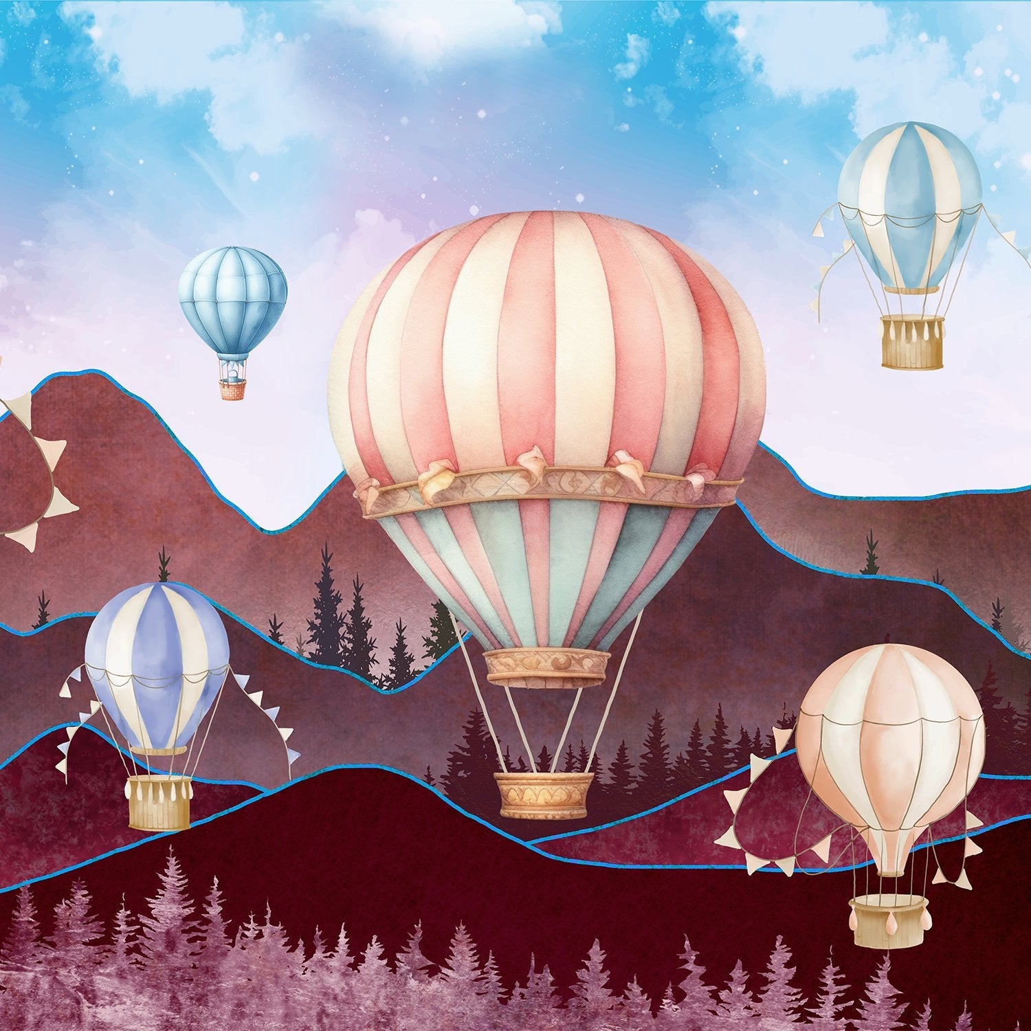 Dreamy hot air balloons float over purple mountains with pine trees in pastel colors - view 2 - final