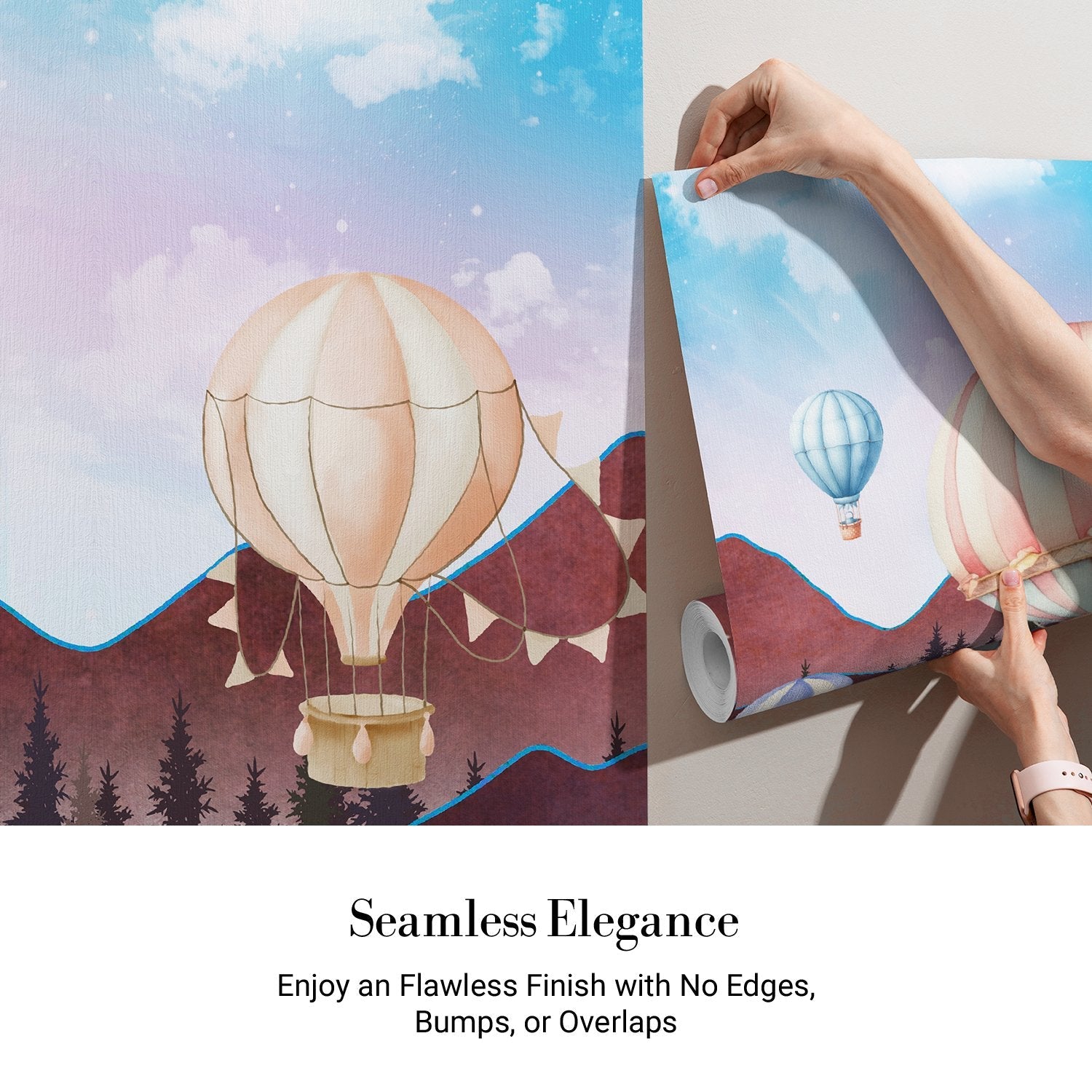 Dreamy hot air balloons float over purple mountains with pine trees in pastel colors - view 3 - final