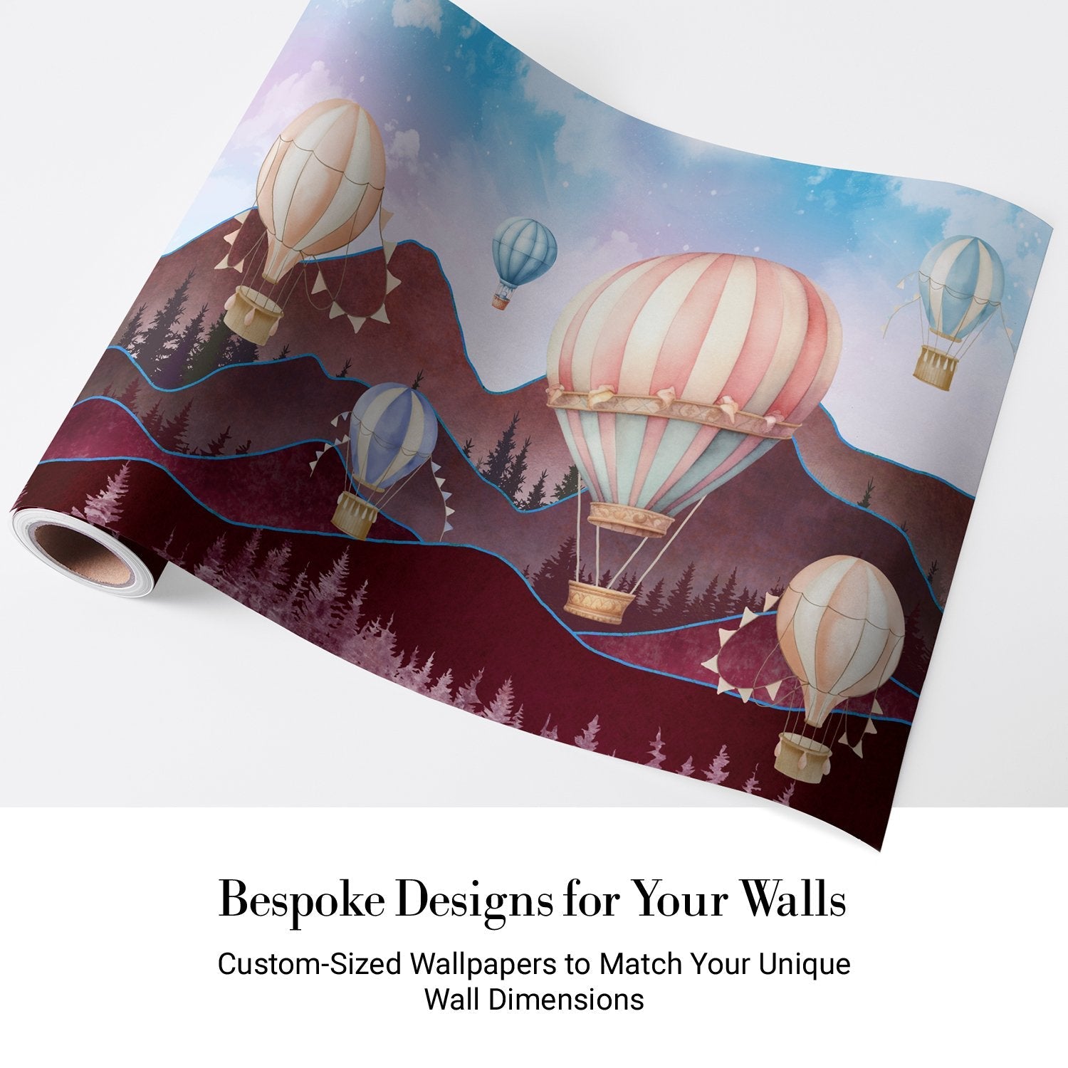 Dreamy hot air balloons float over purple mountains with pine trees in pastel colors - view 4 - final