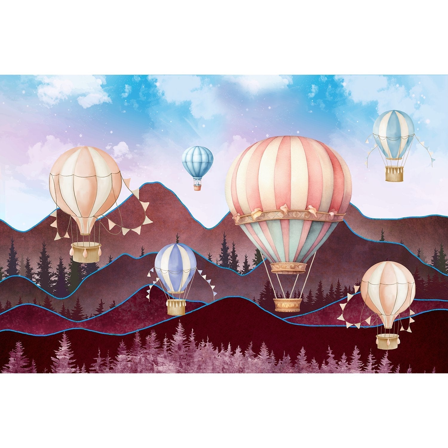 "Colorful lea hot air balloons kids wallpaper mural-equal final"