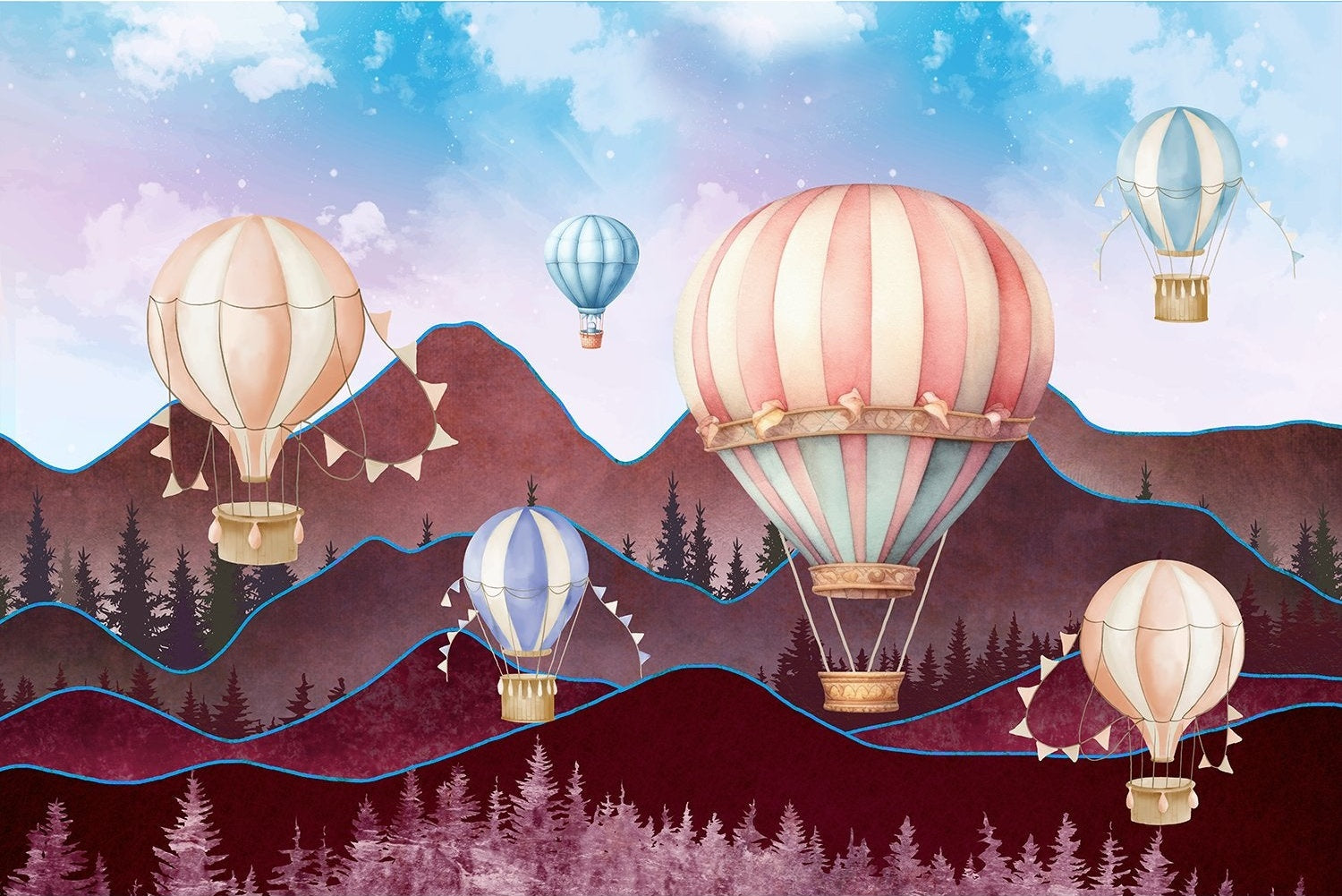 "Colorful lea hot air balloons kids wallpaper mural-inequal final"