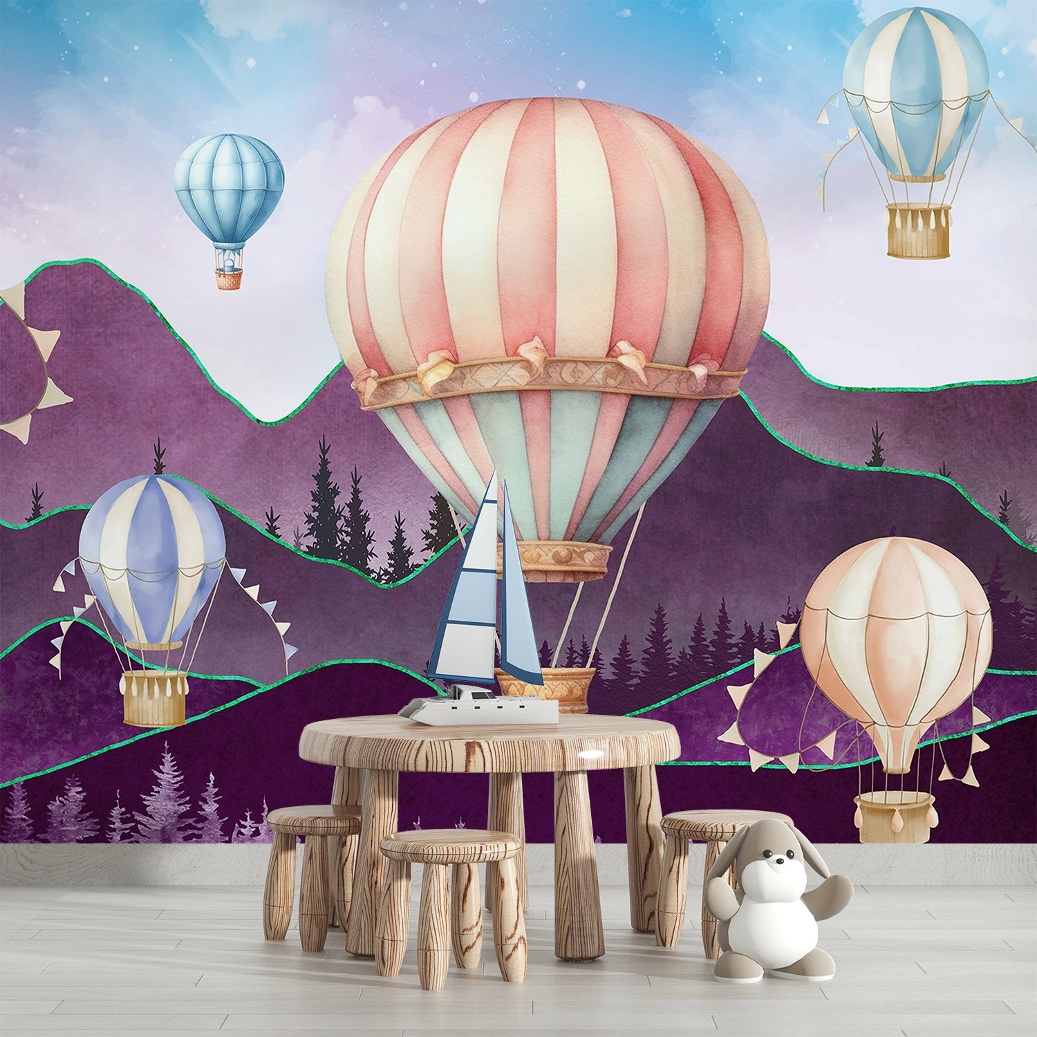Dreamy hot air balloons float over purple mountains with pine trees in pastel colors - view 7 - final