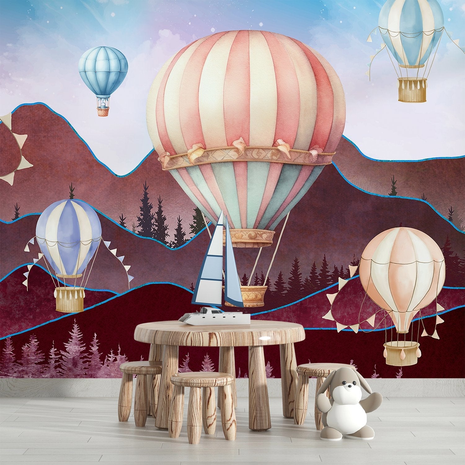 Dreamy hot air balloons float over purple mountains with pine trees in pastel colors - final kids-room