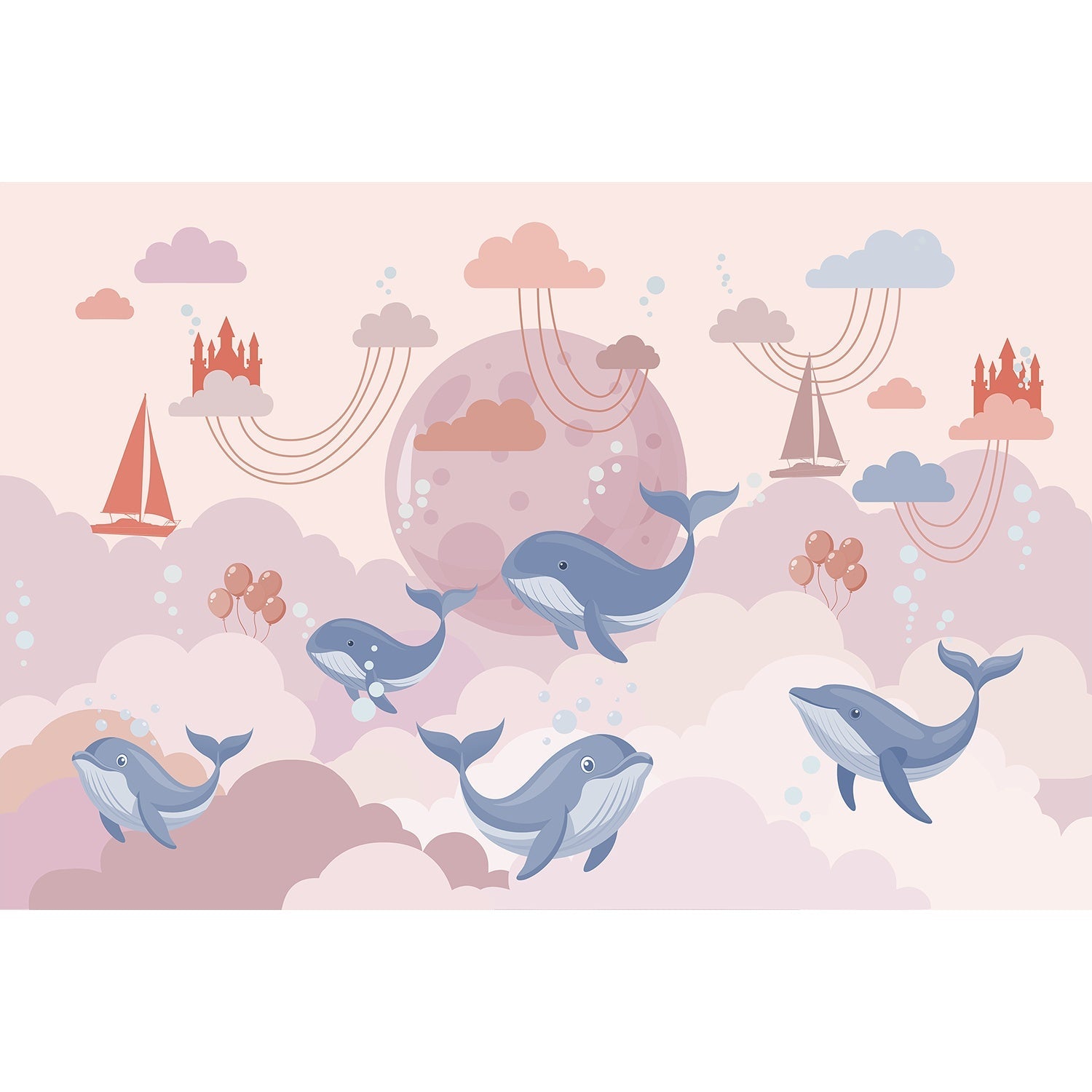 Playful blue whales swimming around turquoise moon with pink clouds in nursery style - view 10 - mural-equal - final