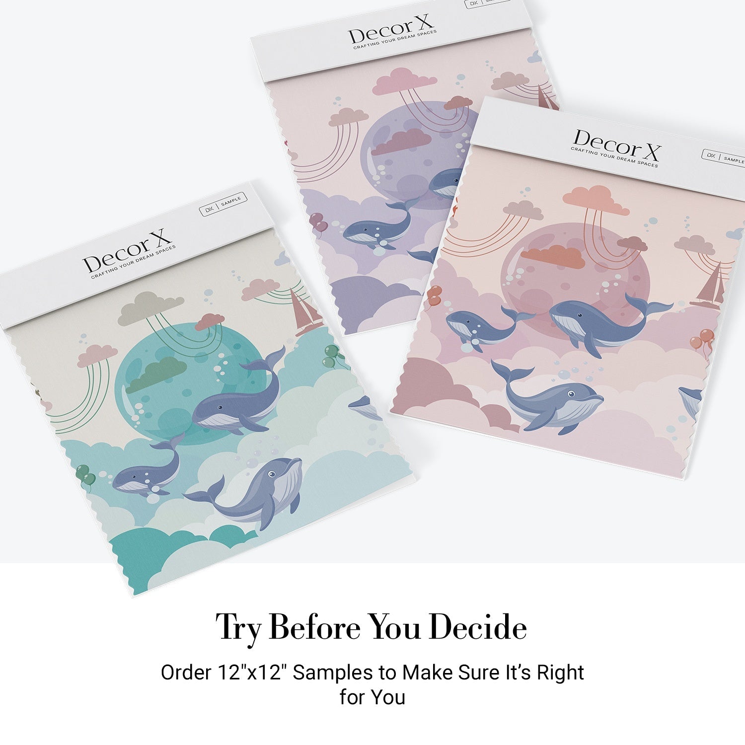 Playful blue whales swimming around turquoise moon with pink clouds in nursery style - view 11 - final all-groups samples