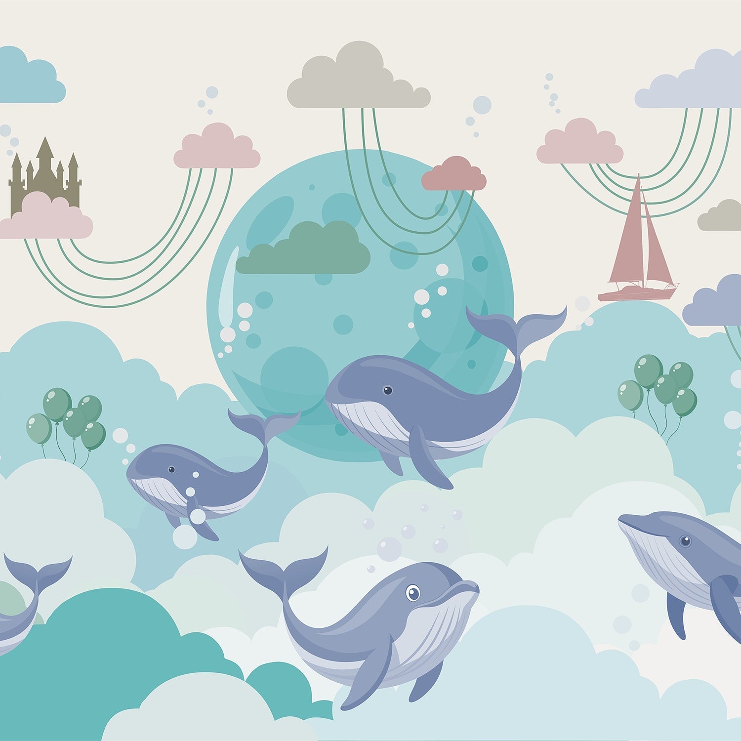 Playful blue whales swimming around turquoise moon with pink clouds in nursery style - view 2 - final