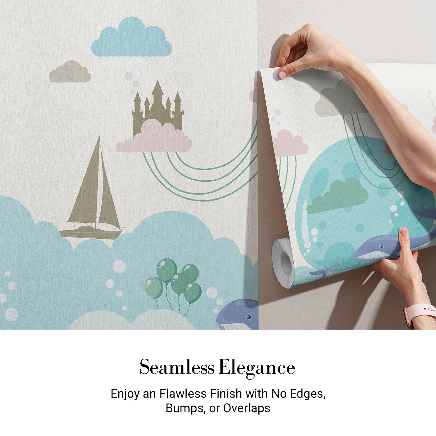 Playful blue whales swimming around turquoise moon with pink clouds in nursery style - view 3 - final