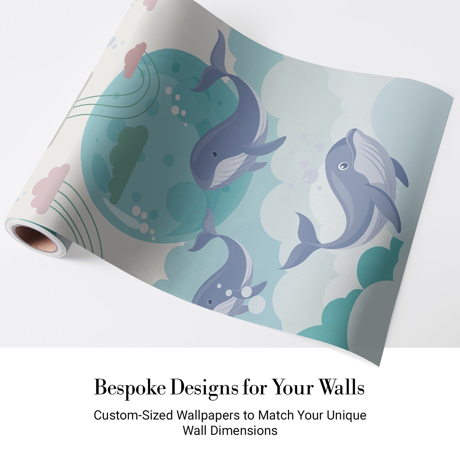 Playful blue whales swimming around turquoise moon with pink clouds in nursery style - view 4 - final