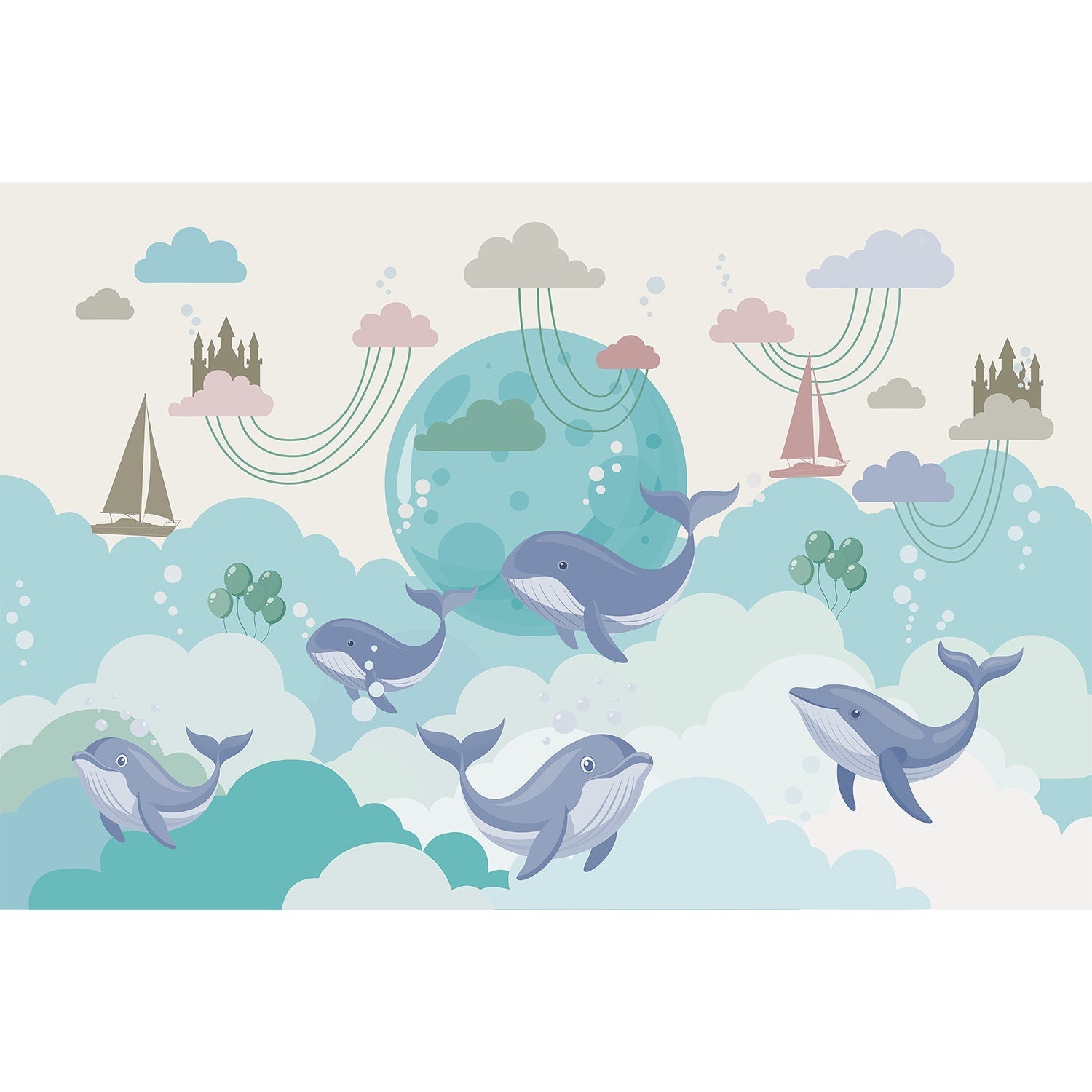 Playful blue whales swimming around turquoise moon with pink clouds in nursery style - view 5 - mural-equal - final