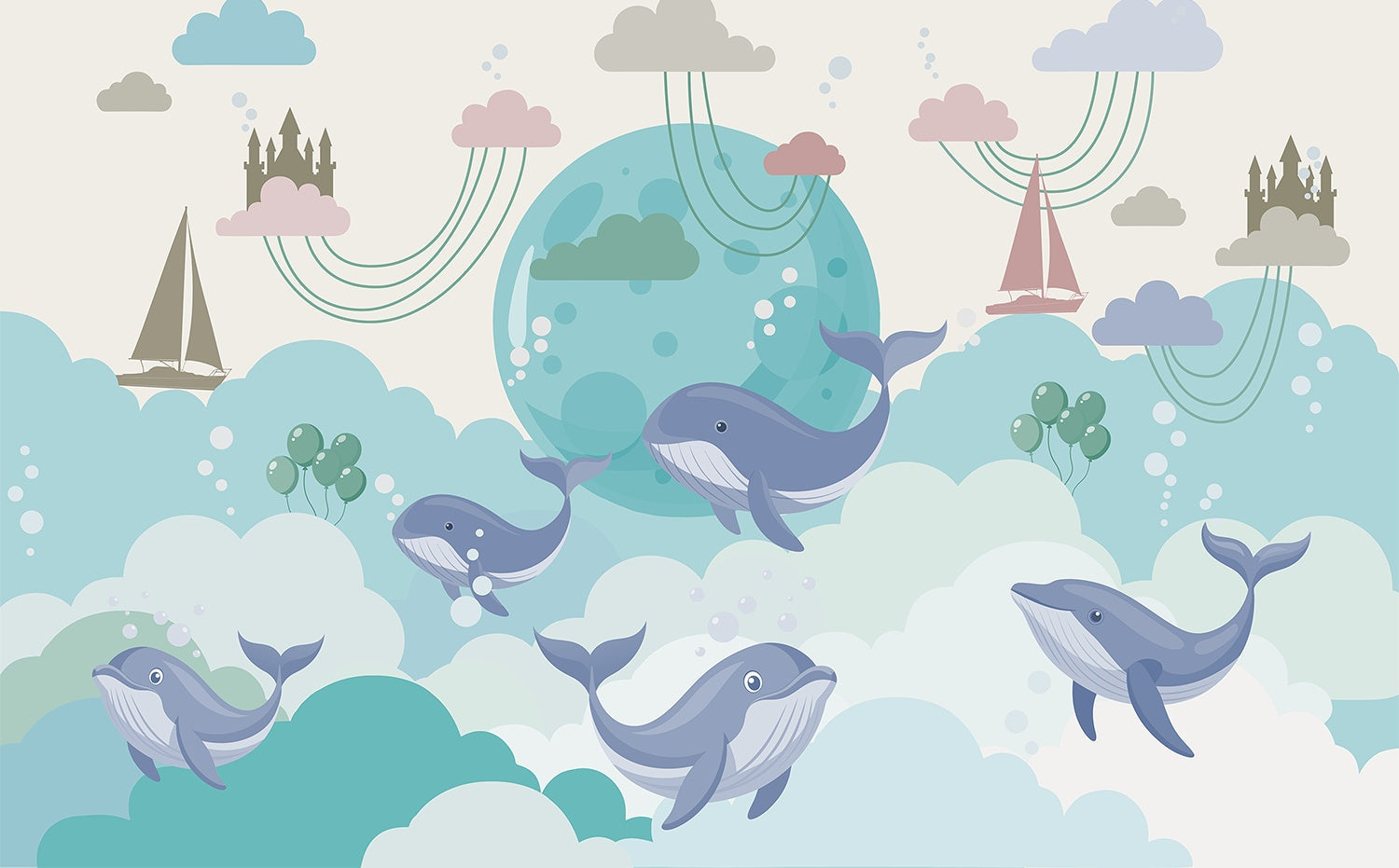 Playful blue whales swimming around turquoise moon with pink clouds in nursery style - view 6 - mural-inequal - final