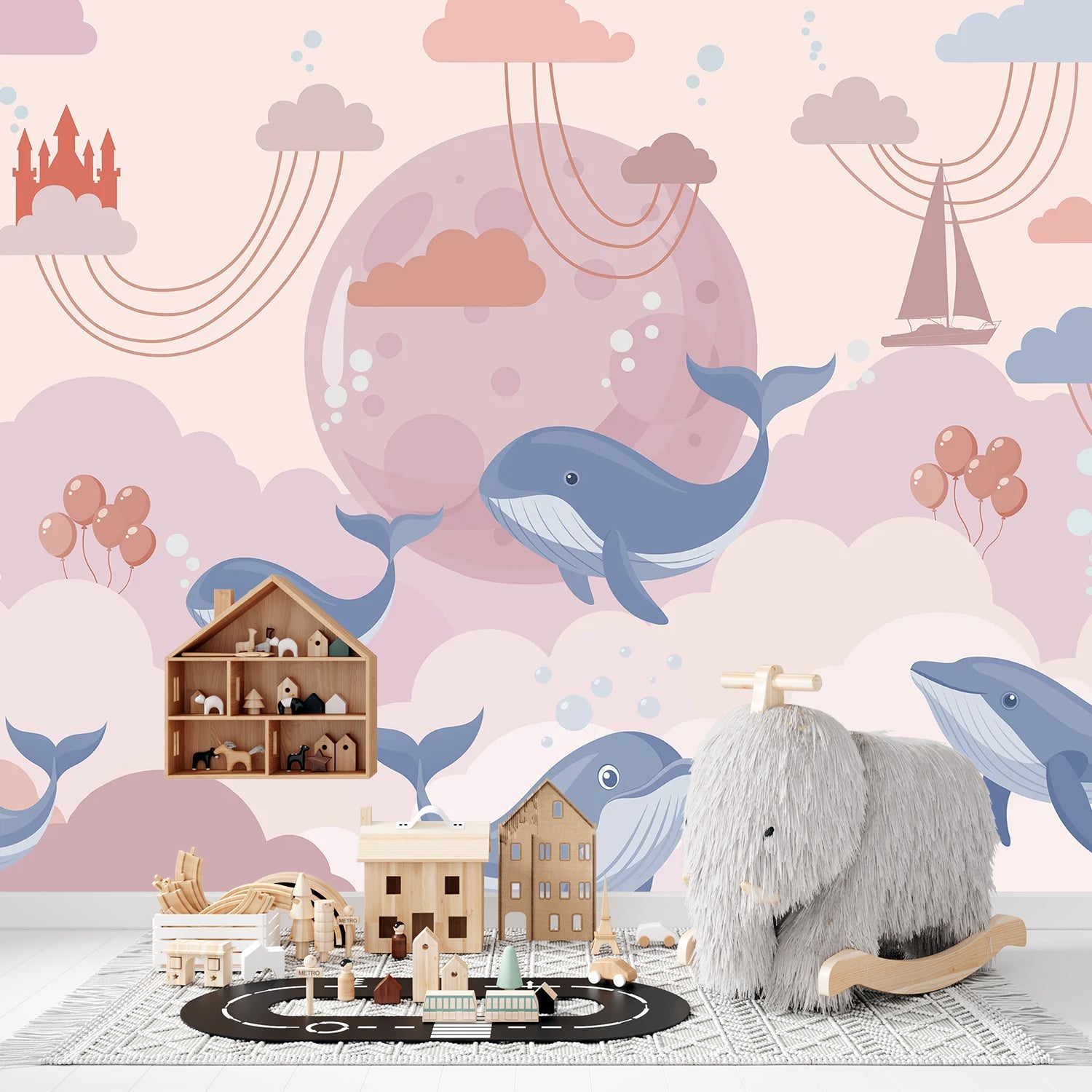Playful blue whales swimming around turquoise moon with pink clouds in nursery style - view 7 - final