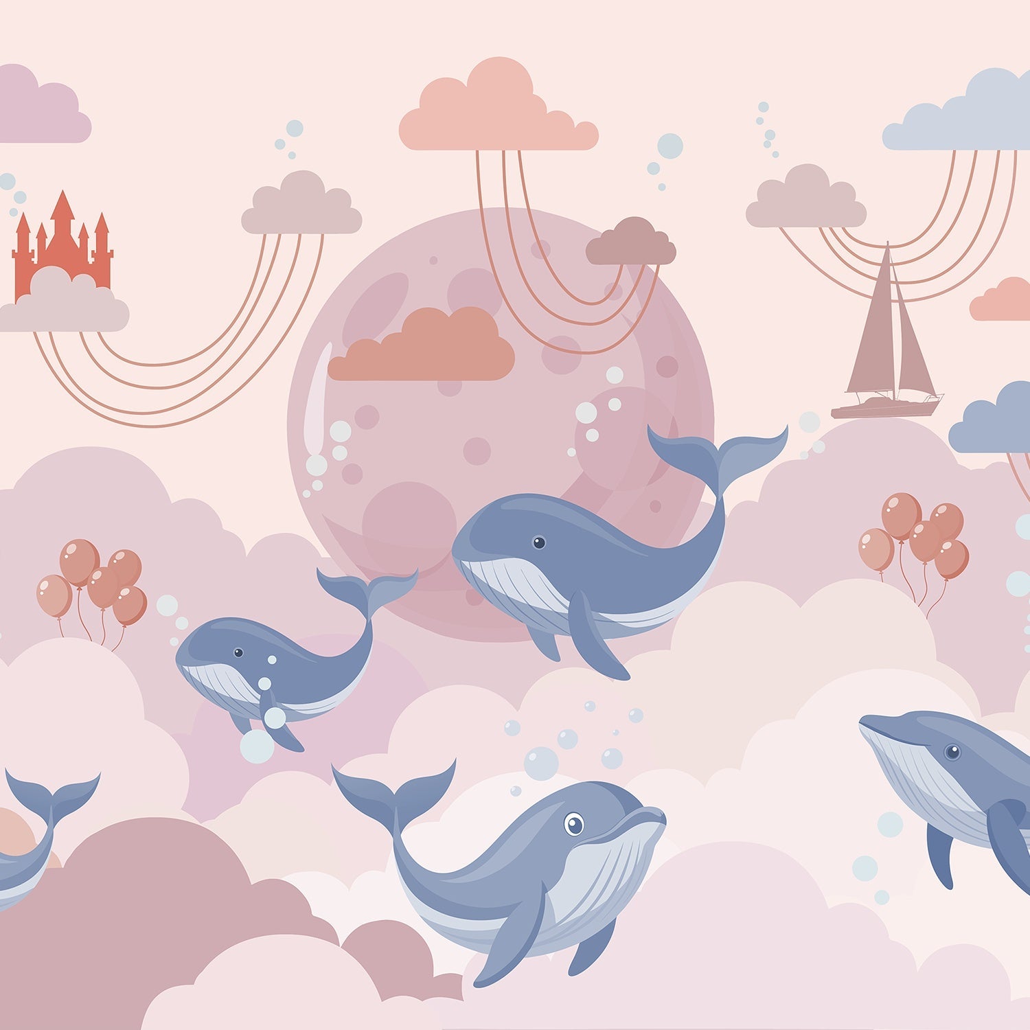 Playful blue whales swimming around turquoise moon with pink clouds in nursery style - view 8 - final