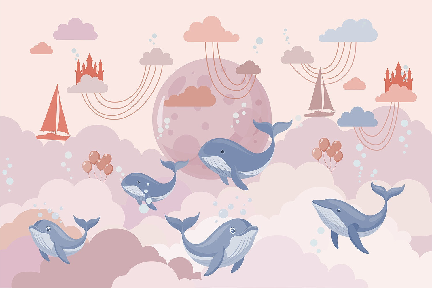 Playful blue whales swimming around turquoise moon with pink clouds in nursery style - view 9 - mural-inequal - final