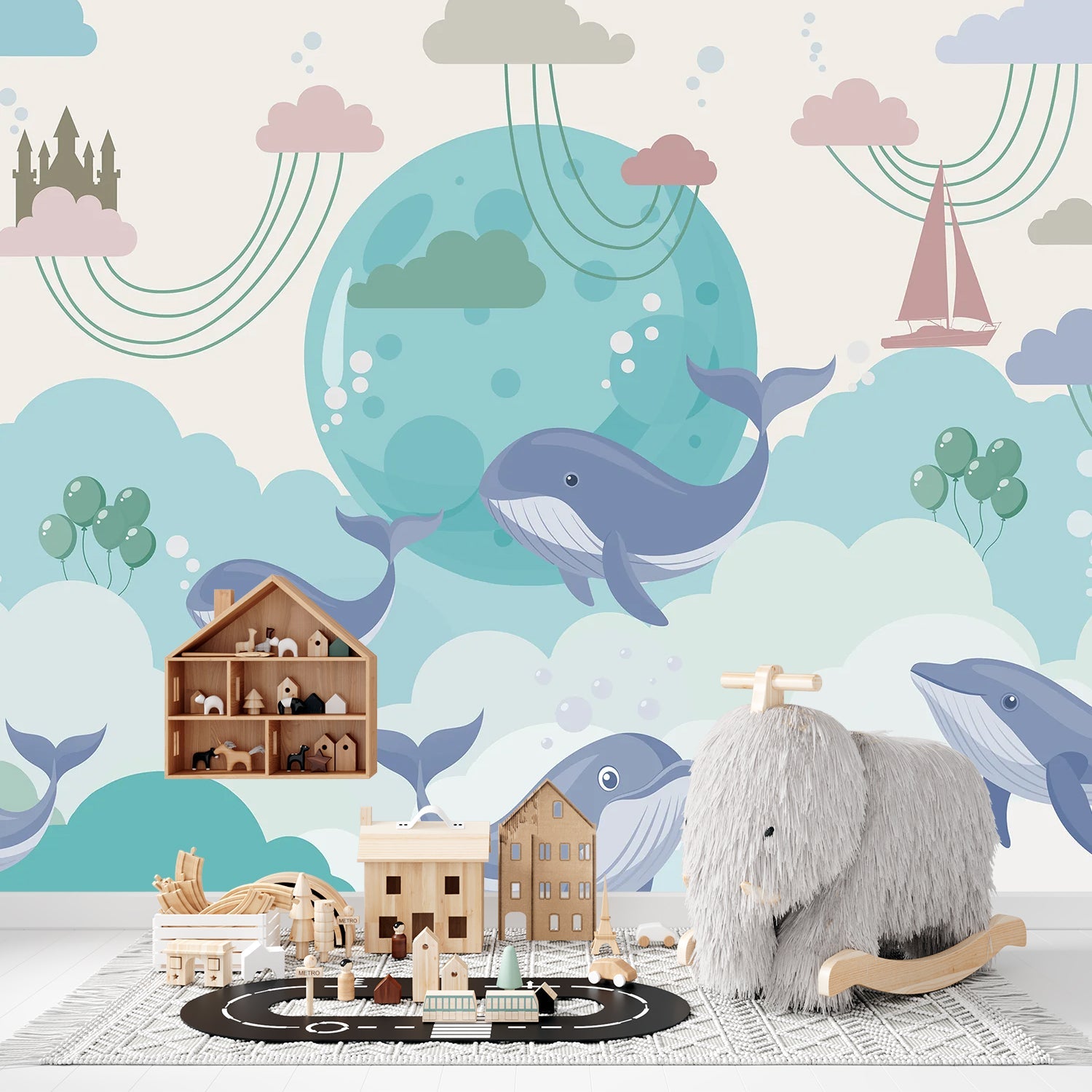 Playful blue whales swimming around turquoise moon with pink clouds in nursery style - final kids-room