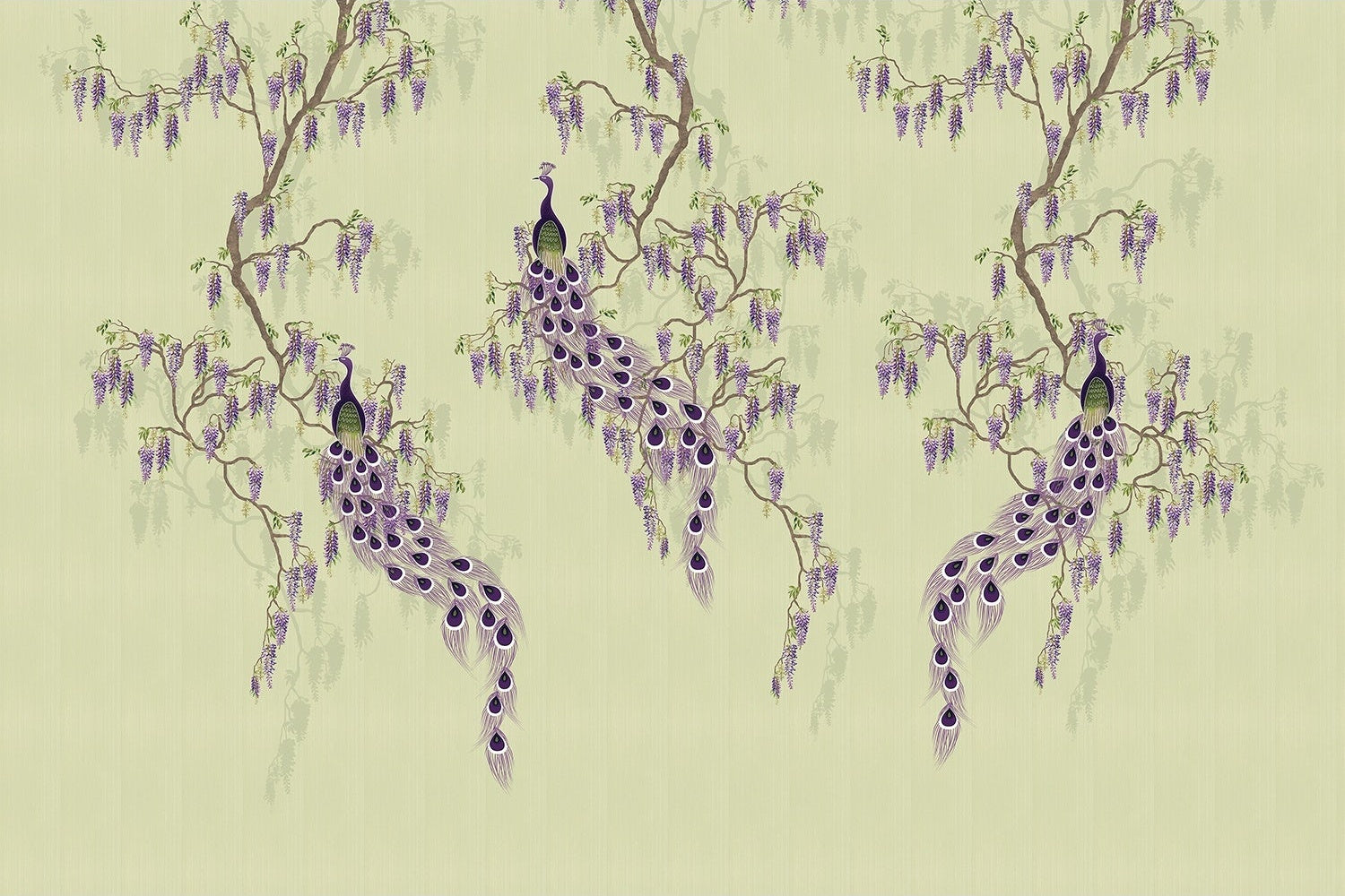 Elegant chinoiserie with purple peacocks and cascading wisteria branches on blush pink background - view 10 - mural-inequal - final
