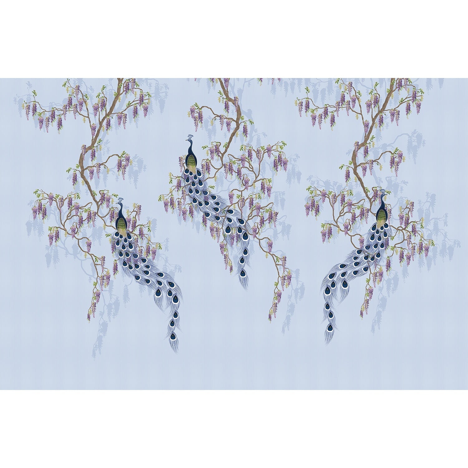 Elegant chinoiserie with purple peacocks and cascading wisteria branches on blush pink background - view 13 - mural-equal - final