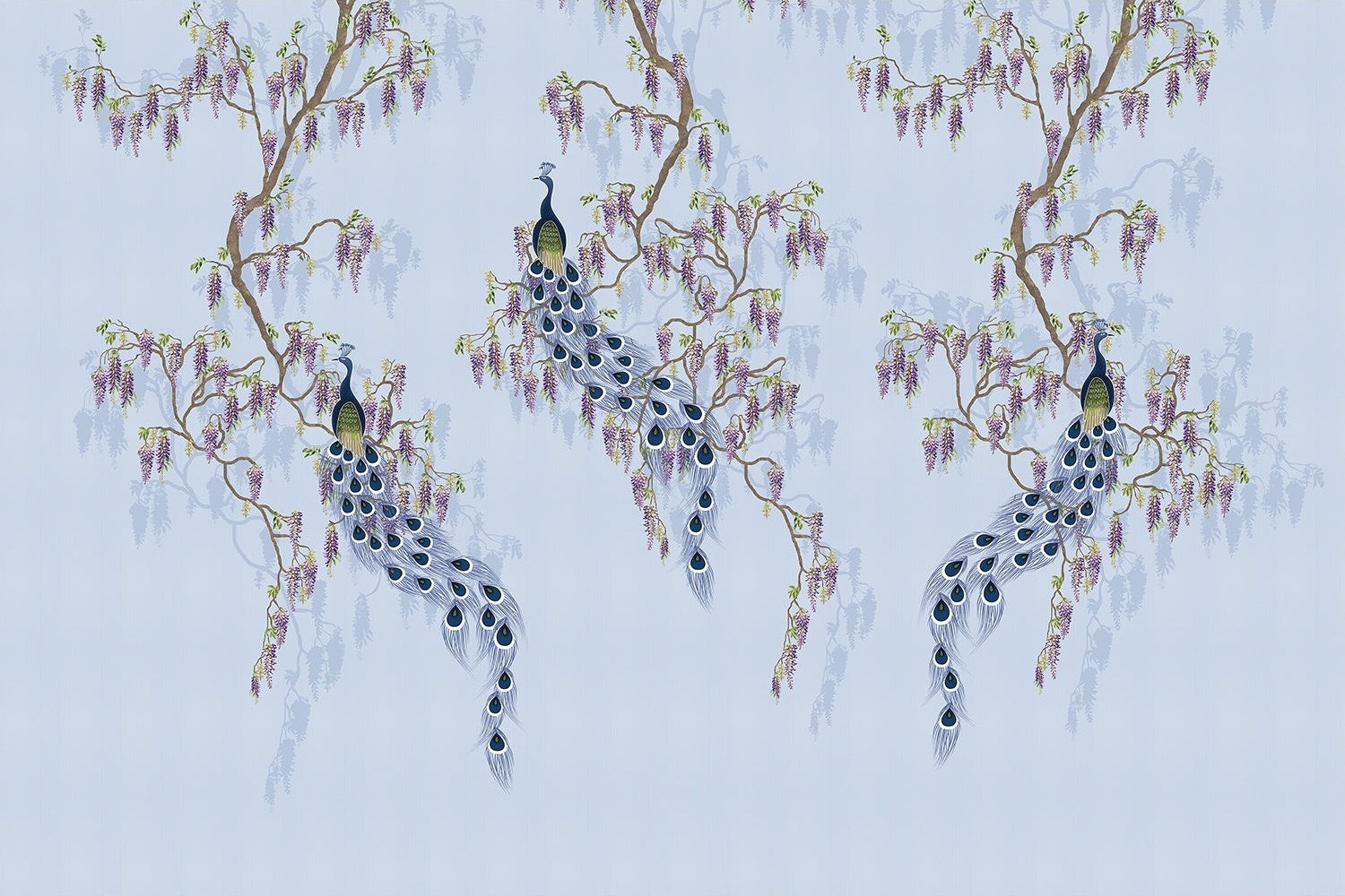Elegant chinoiserie with purple peacocks and cascading wisteria branches on blush pink background - view 14 - mural-inequal - final
