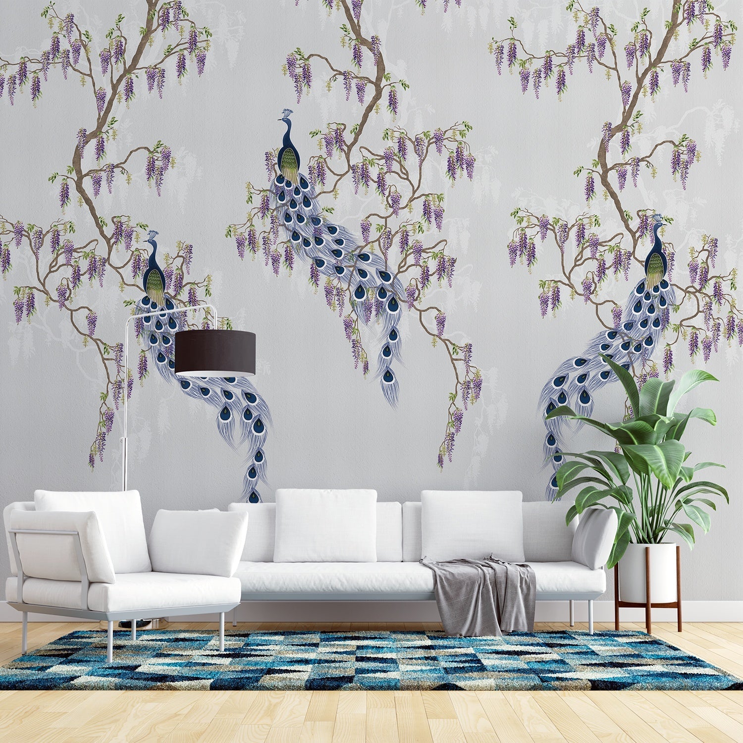Elegant chinoiserie with purple peacocks and cascading wisteria branches on blush pink background - view 15 - final