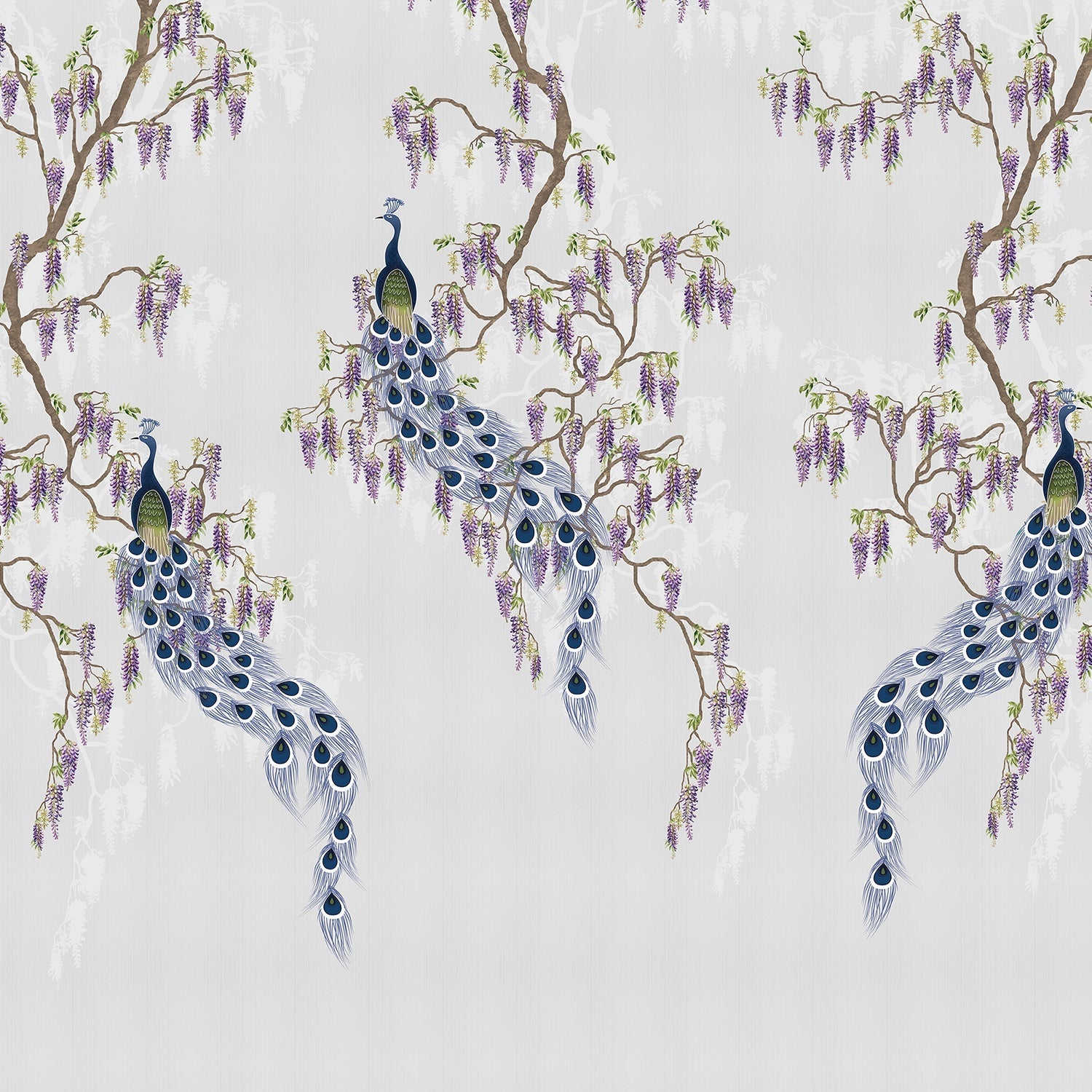 Elegant chinoiserie with purple peacocks and cascading wisteria branches on blush pink background - view 16 - final