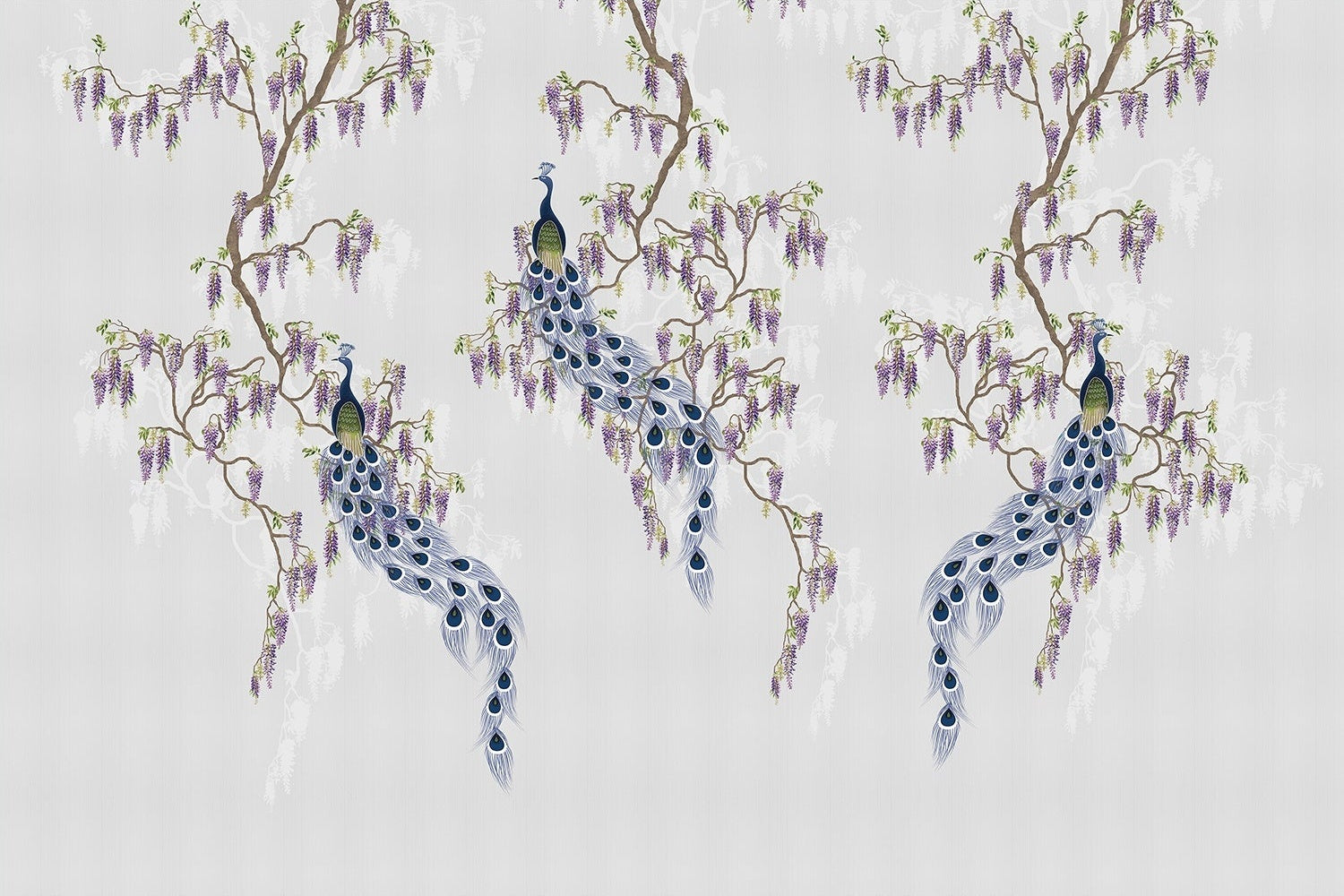 Elegant chinoiserie with purple peacocks and cascading wisteria branches on blush pink background - view 17 - mural-inequal - final
