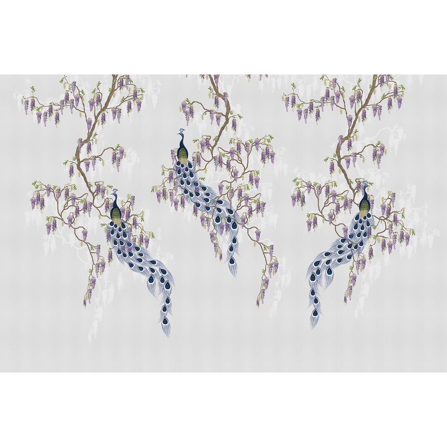 Elegant chinoiserie with purple peacocks and cascading wisteria branches on blush pink background - view 18 - mural-equal - final