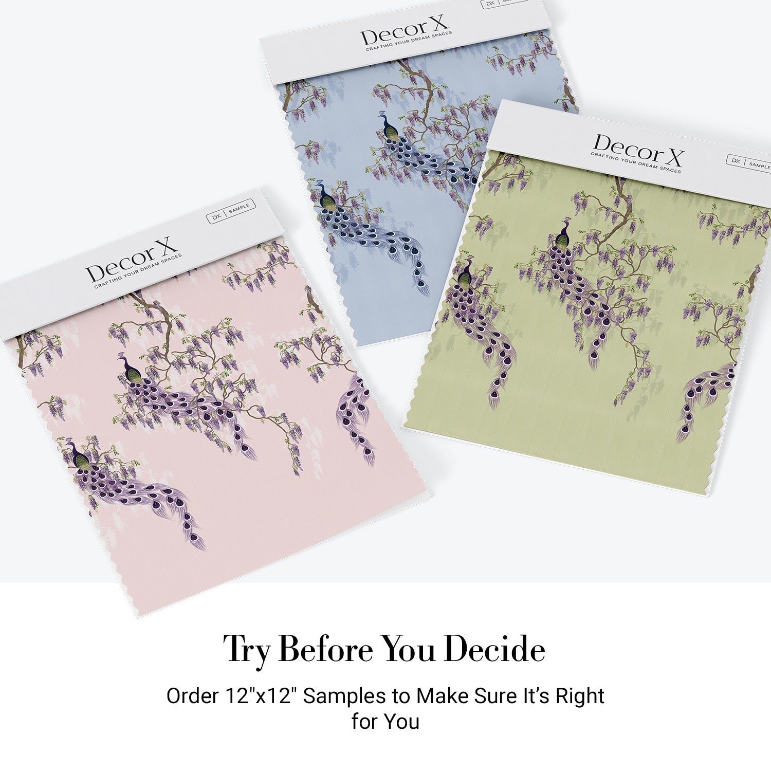 Elegant chinoiserie with purple peacocks and cascading wisteria branches on blush pink background - view 19 - final all-groups samples