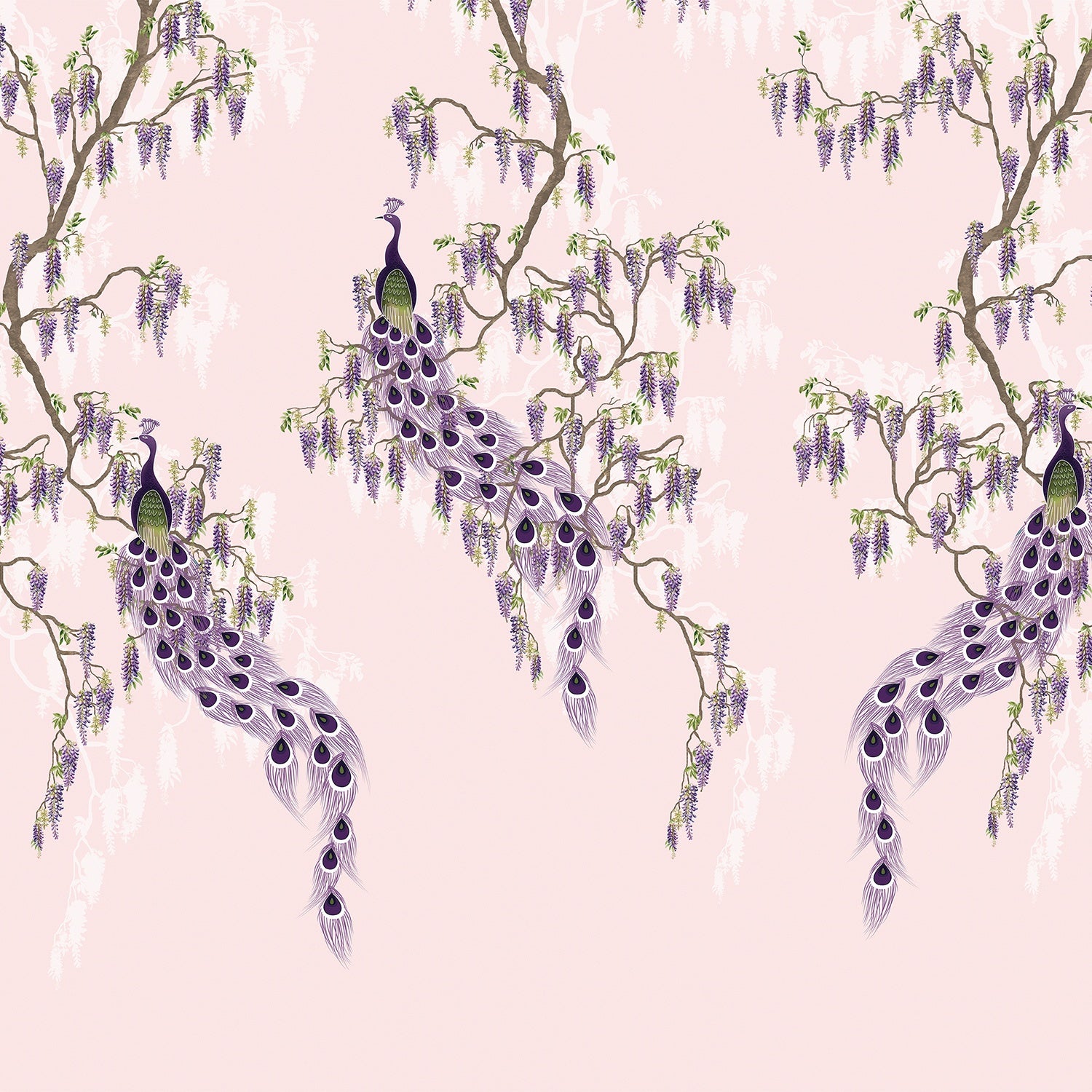 Elegant chinoiserie with purple peacocks and cascading wisteria branches on blush pink background - view 2 - final